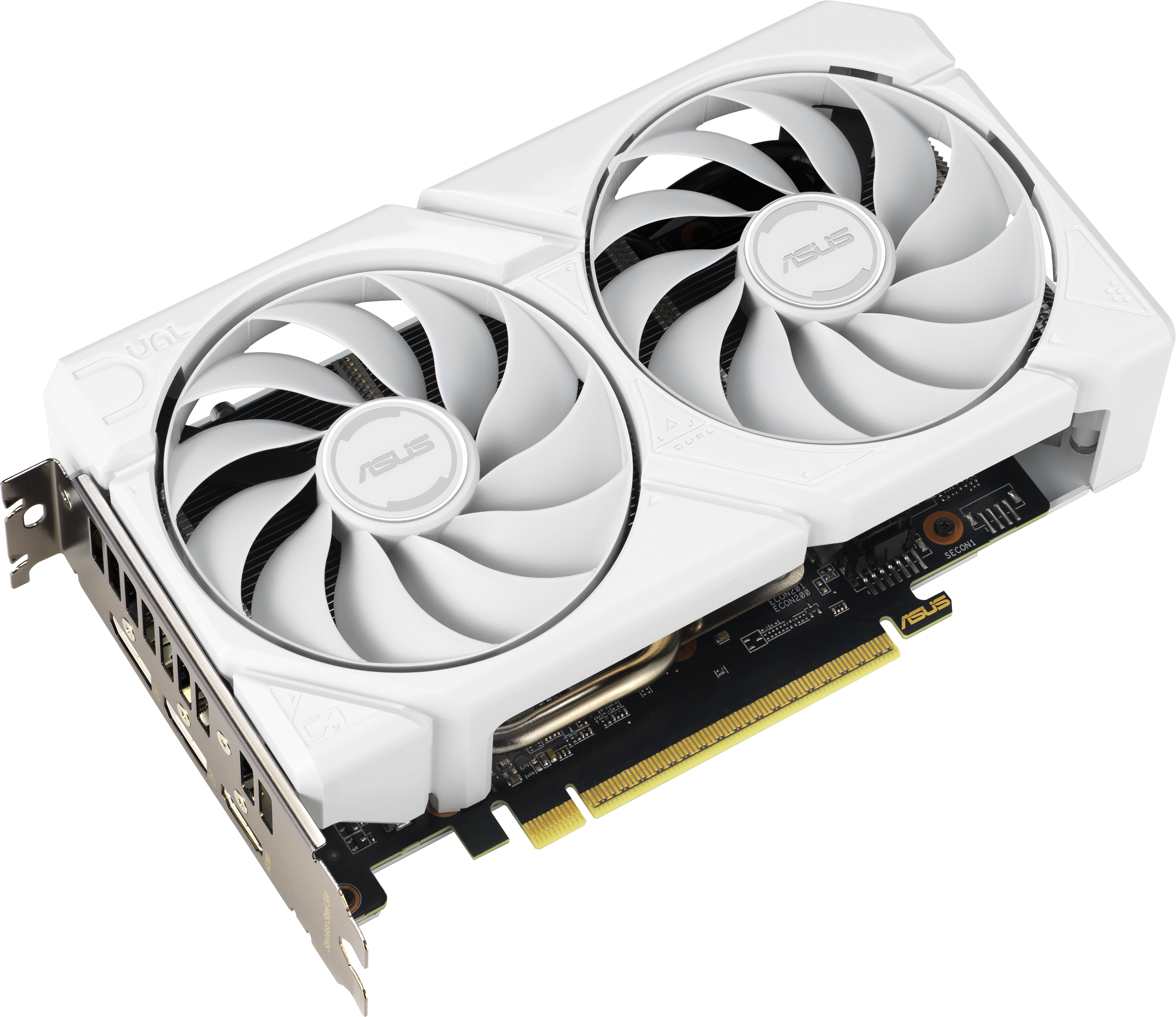 Carte graphique ASUS blanche avec deux ventilateurs. Circuit imprimé noir et or. Fond blanc.
