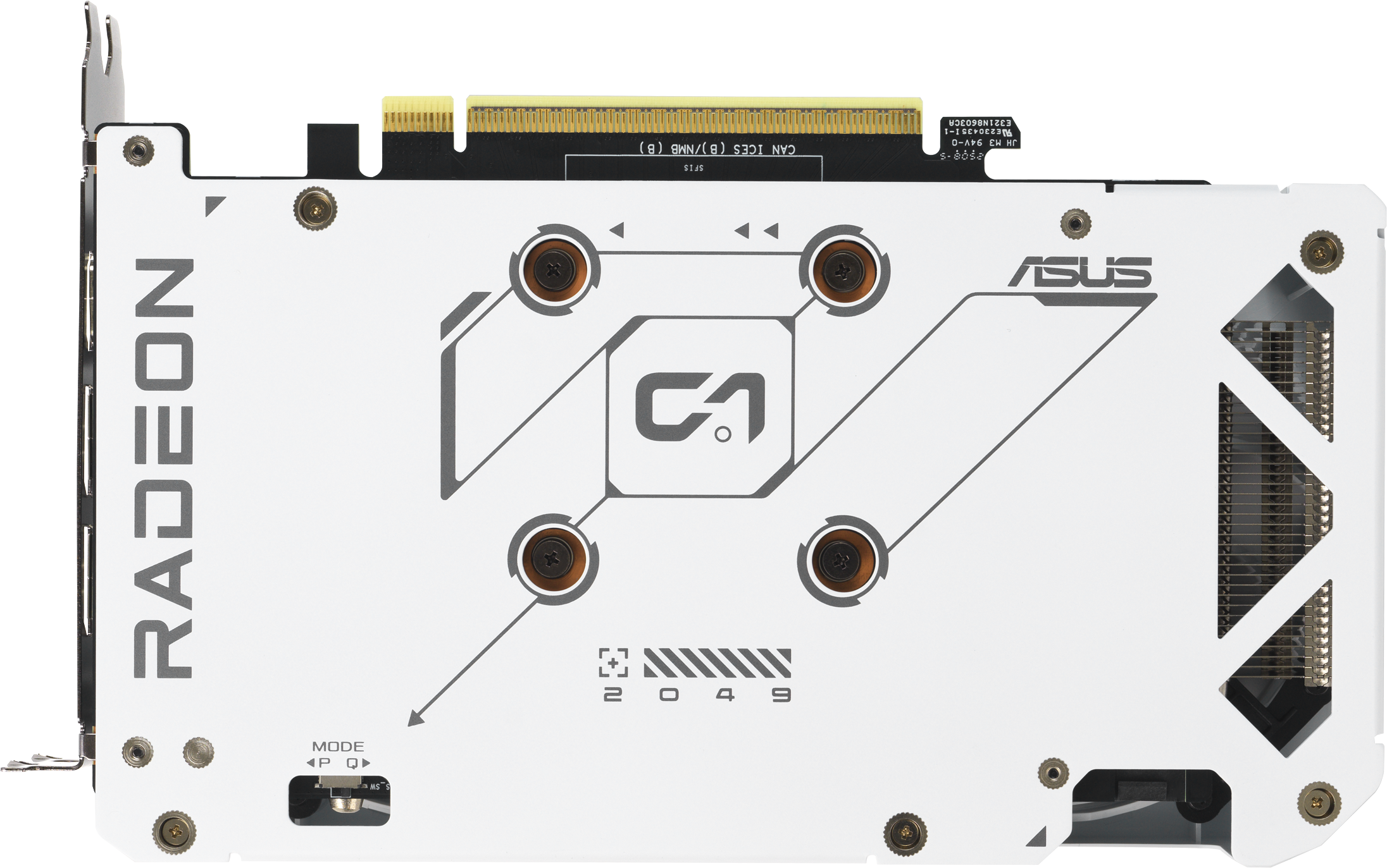 Plaque arrière blanche de carte graphique avec logo Radeon, logo ASUS et diverses marques techniques. Vis fixent les composants.