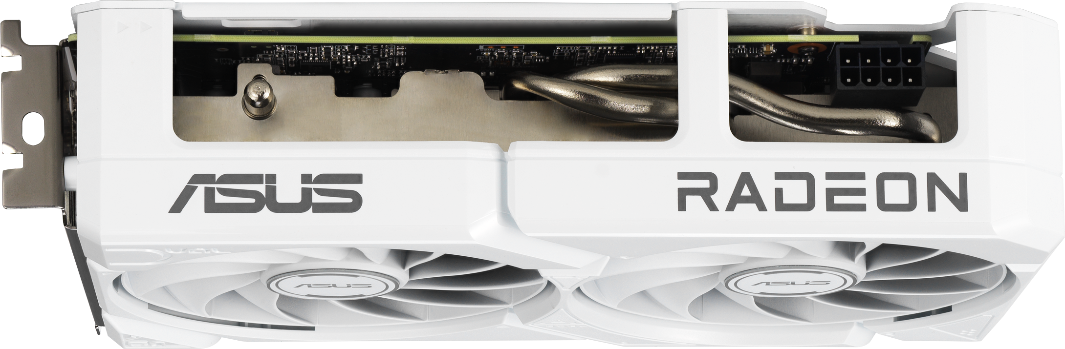 Carte graphique ASUS Radeon blanche. Comprend des ventilateurs, des caloducs et le logo Radeon.
