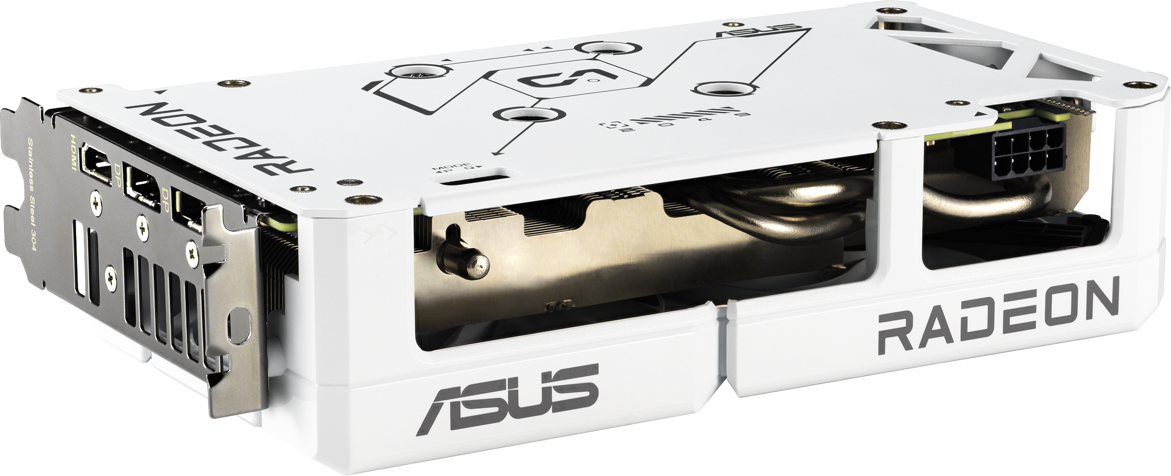Carte graphique ASUS Radeon blanche et noire. Comprend des ports, des éléments de refroidissement et le logo Radeon. La carte est sur une surface blanche.