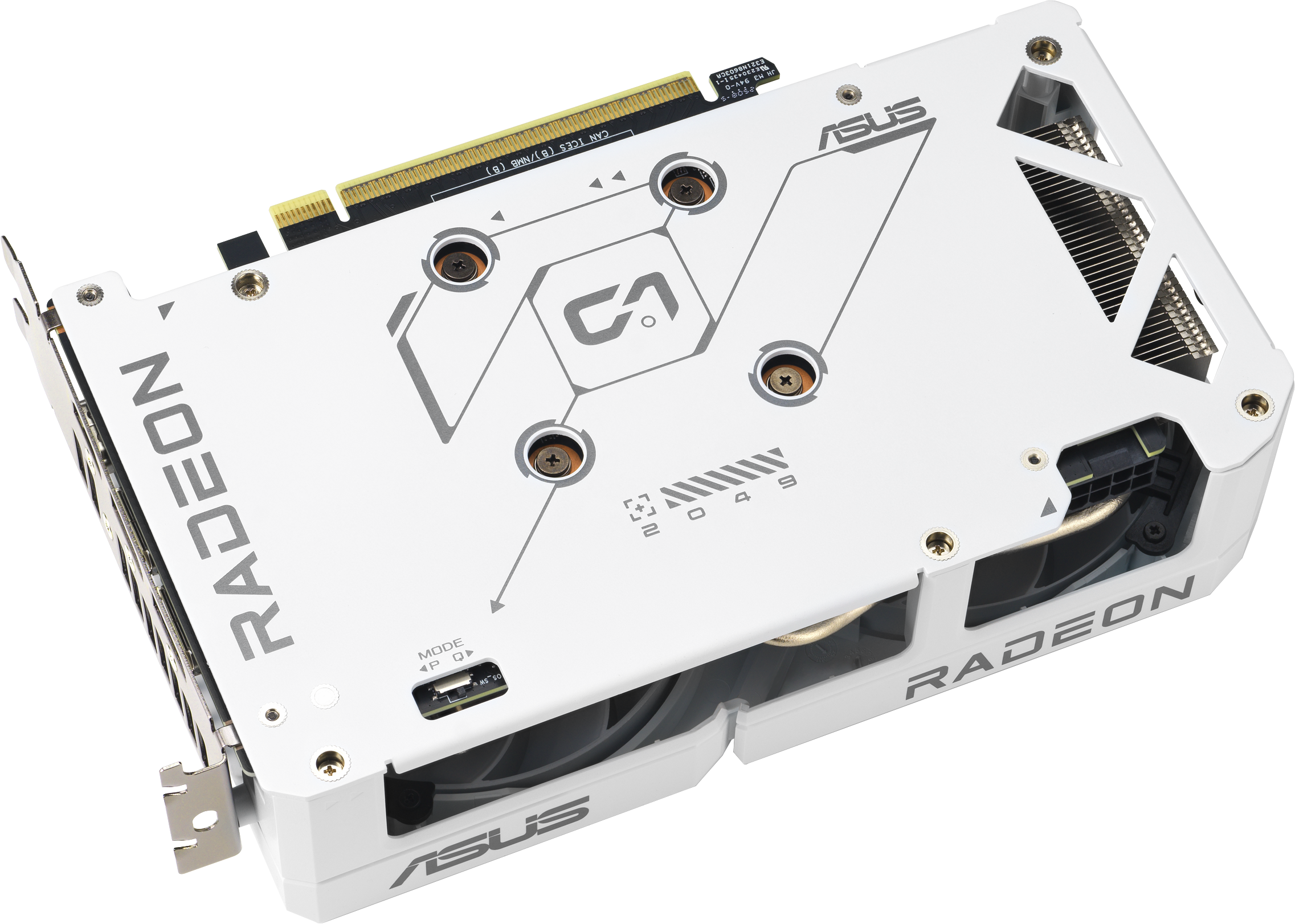 Une carte graphique Radeon blanche, de marque ASUS. Elle possède un ventilateur et un dissipateur thermique, et le texte indique 'RADEON'.