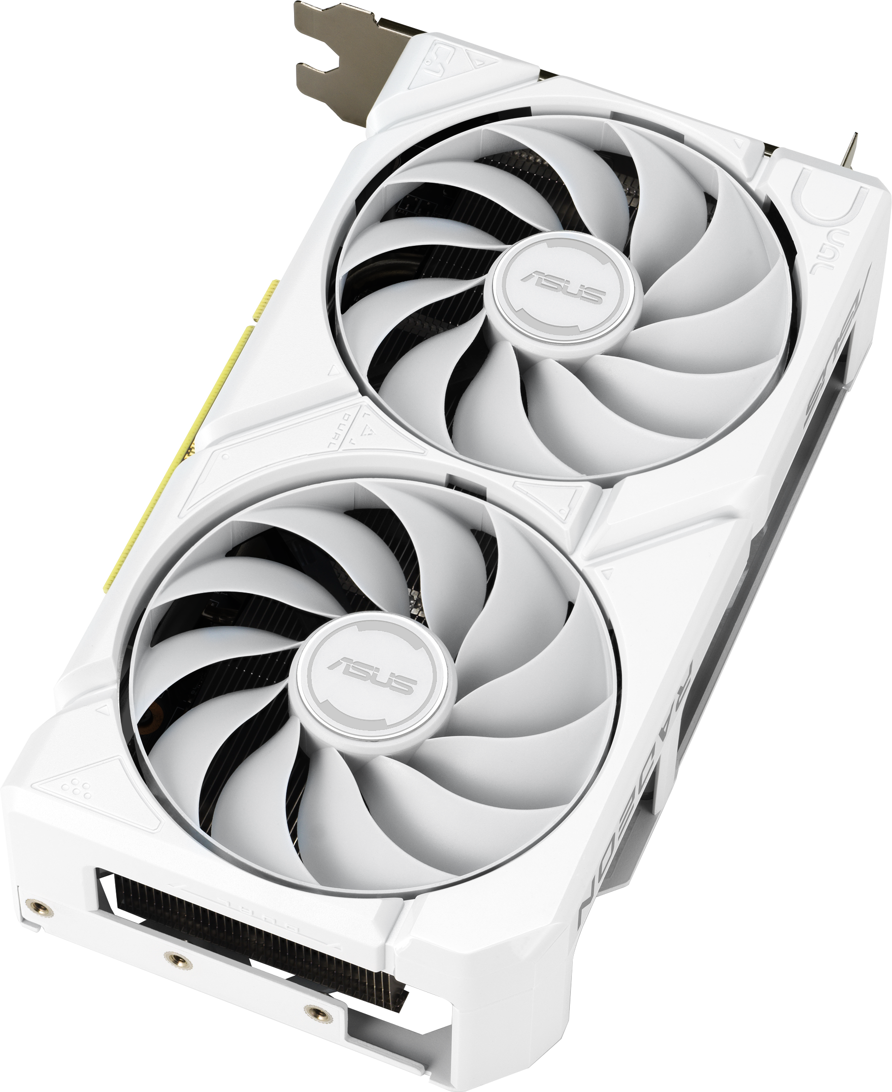 Carte graphique ASUS blanche avec deux ventilateurs. Le fond est blanc.