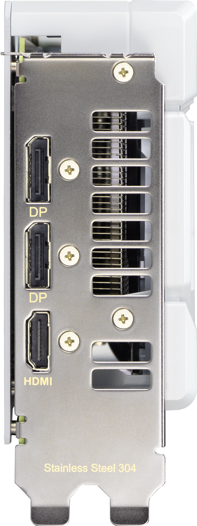 Composant informatique argenté avec ports DP, HDMI et aérations. Il a des vis dorées et le texte 'Stainless Steel 304'.