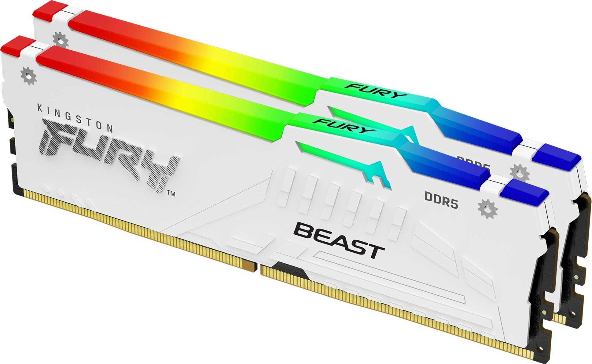 Zwei weiße Kingston Fury Beast DDR5 RAM-Sticks mit RGB-Beleuchtung.