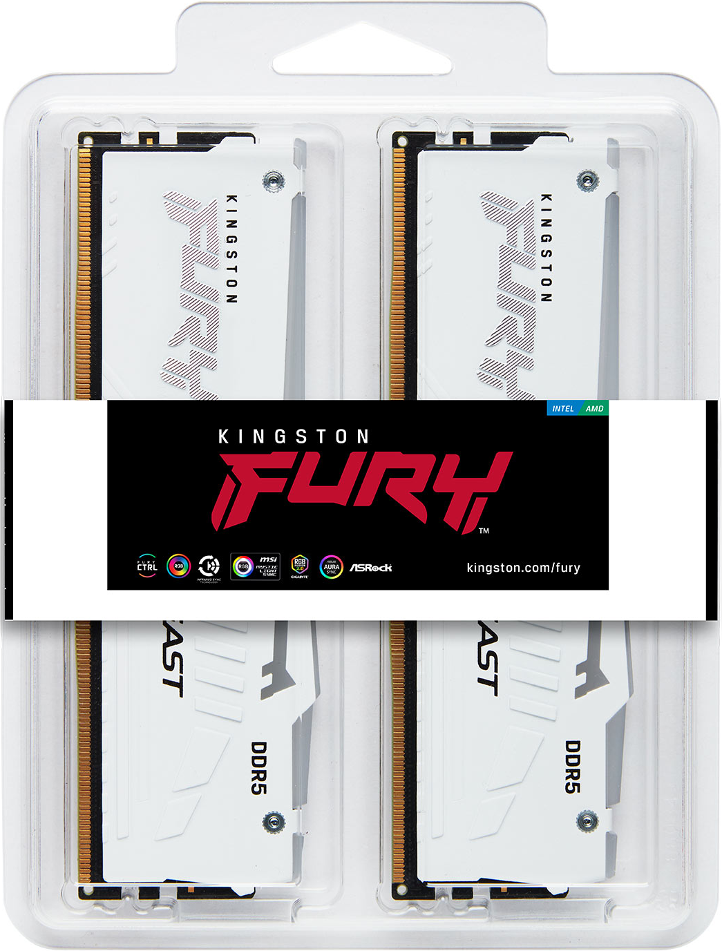 Eine Packung enthält vier weiße Kingston Fury DDR5 RAM-Module. Die Packung enthält ein schwarz-weißes Kingston Fury Logo.