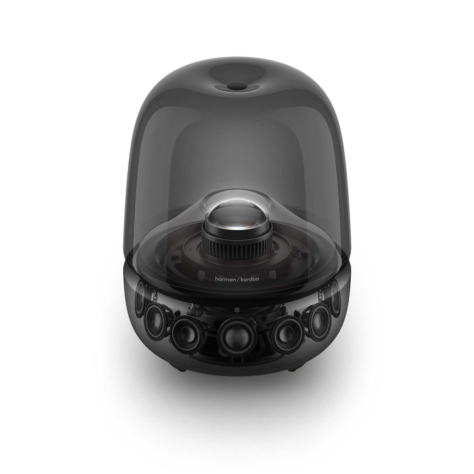 Átlátszó, fekete Harman Kardon hangszóró. Dóm alakú, látható belső alkatrészekkel.