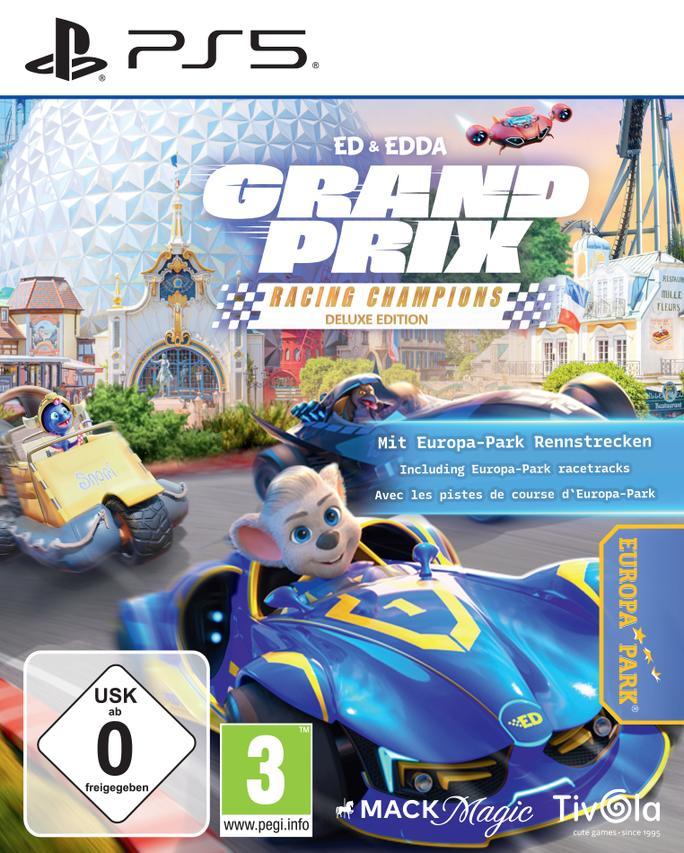 Spieletitel 'ED & Edda Grand Prix' mit Comic-Autos, die Rennen fahren. Enthält USK- und PEGI-Bewertungen sowie Europa-Park-Branding.
