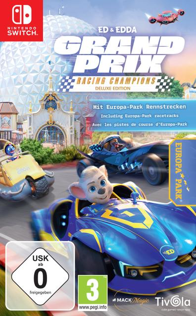 Spielecover: Ed & Edda Grand Prix Racing Champions. Charaktere in Rennwagen. Europa-Park im Hintergrund. Nintendo Switch Logo.