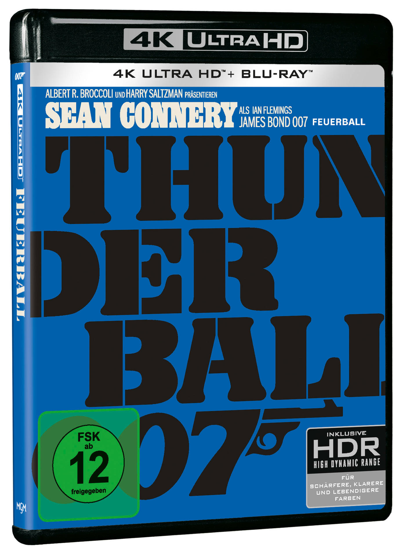Filmcover für Thunderball mit Sean Connery. Blauer Hintergrund, großer Text. Enthält Logo, HDR und 4K Ultra HD.
