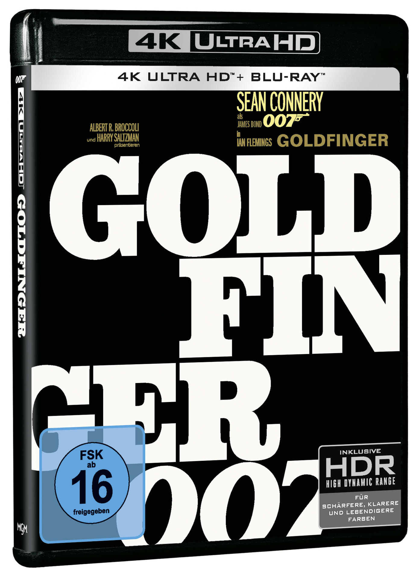 Goldfinger Blu-ray-Cover. Mit Sean Connery als James Bond. Fetter weißer Text auf schwarzem Hintergrund. Enthält das Logo '4K ULTRA HD'.