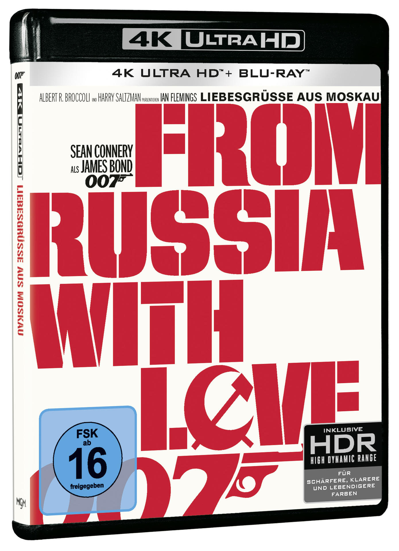 Filmcover von 'Liebesgrüße aus Moskau'. Roter Titeltext auf Weiß, mit James Bond. Enthält einen blauen Altersfreigabeaufkleber.