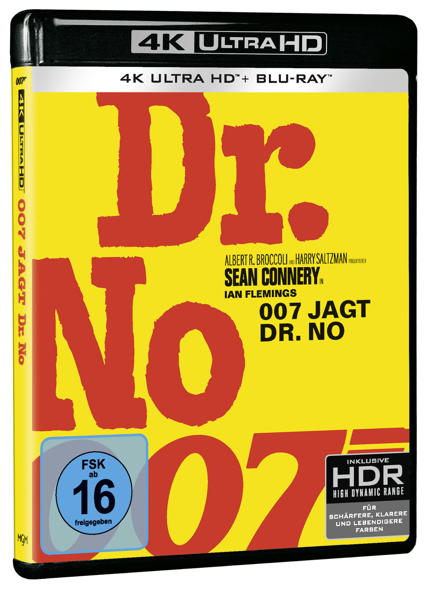 Filmcove. Titel: Dr. No, mit Sean Connery. Gelber Hintergrund mit roten Buchstaben. Enthält HDR- und Blu-Ray-Logos.