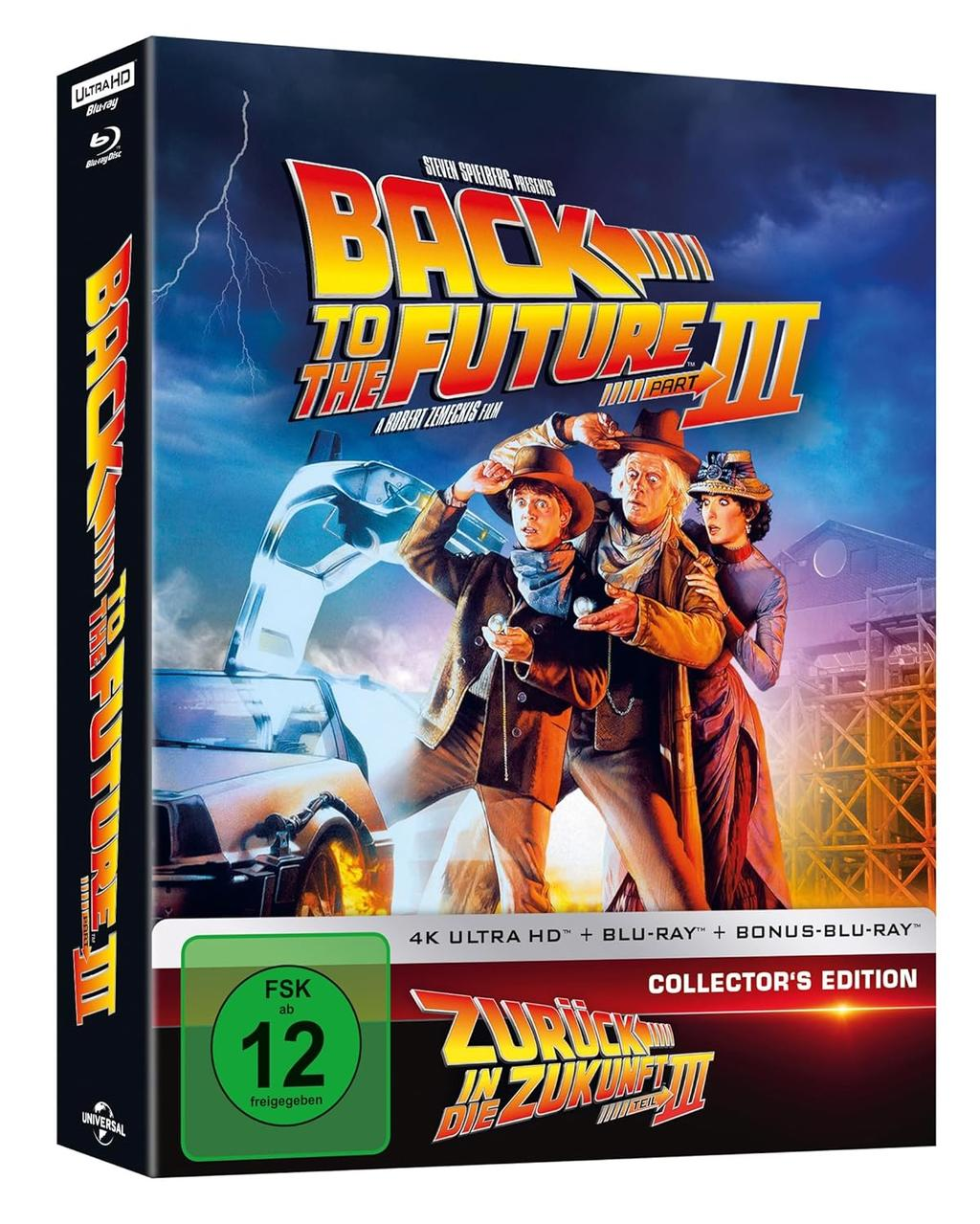 Das Blu-ray-Cover von Zurück in die Zukunft III zeigt drei Charaktere im Western-Outfit mit einem Auto im Hintergrund. Der Titel ist prominent.