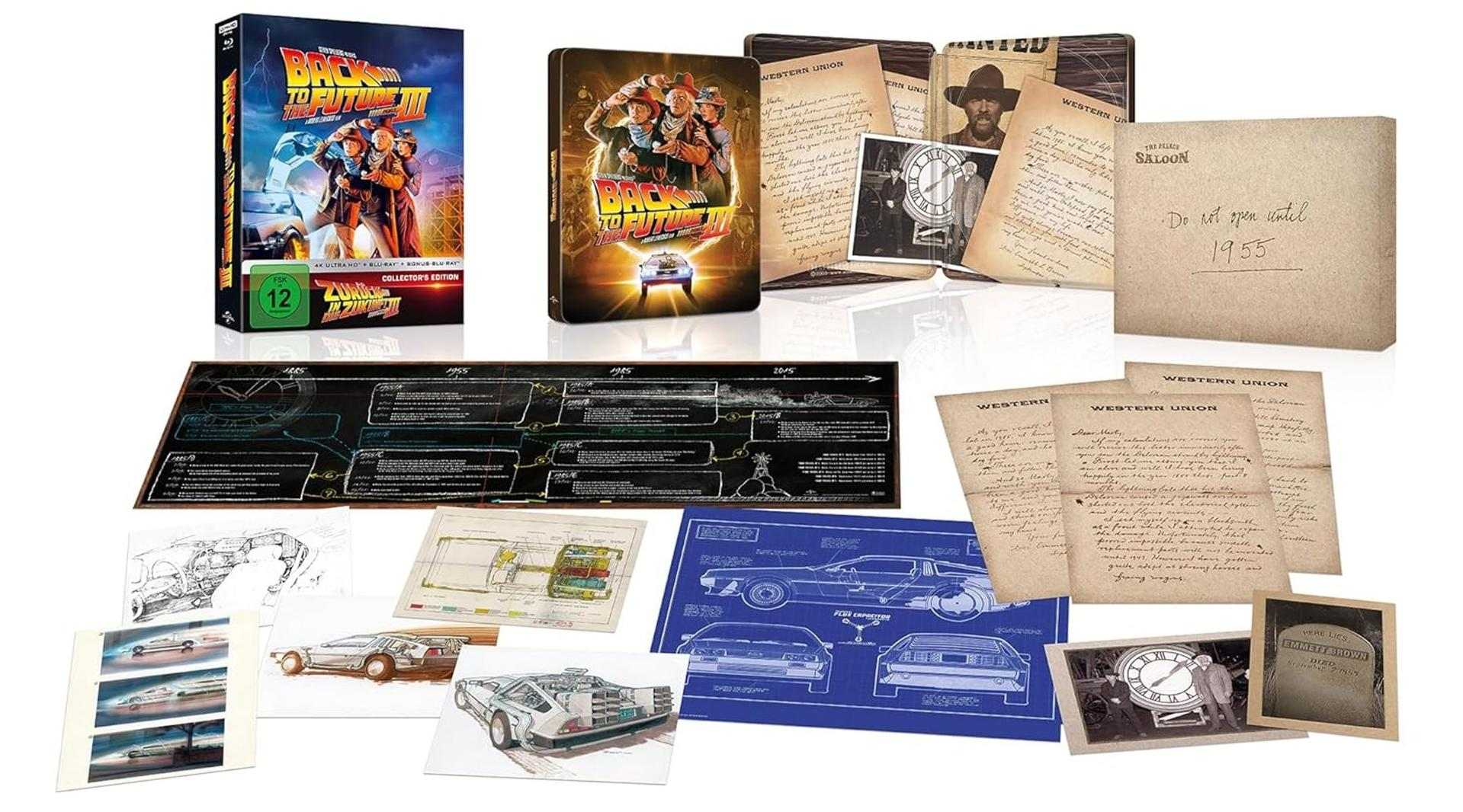 Sammlung von Zurück in die Zukunft III-Artikeln. Enthält DVD, Steelbook, Dokumente, Blaupausen und Skizzen des DeLorean.