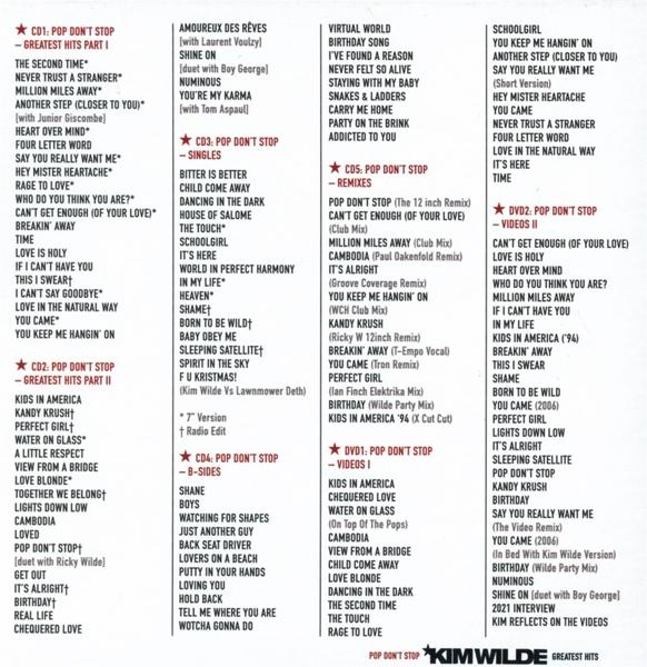 Kim Wilde album borítója, dalok listájával. A szöveg fehér, fekete háttéren.