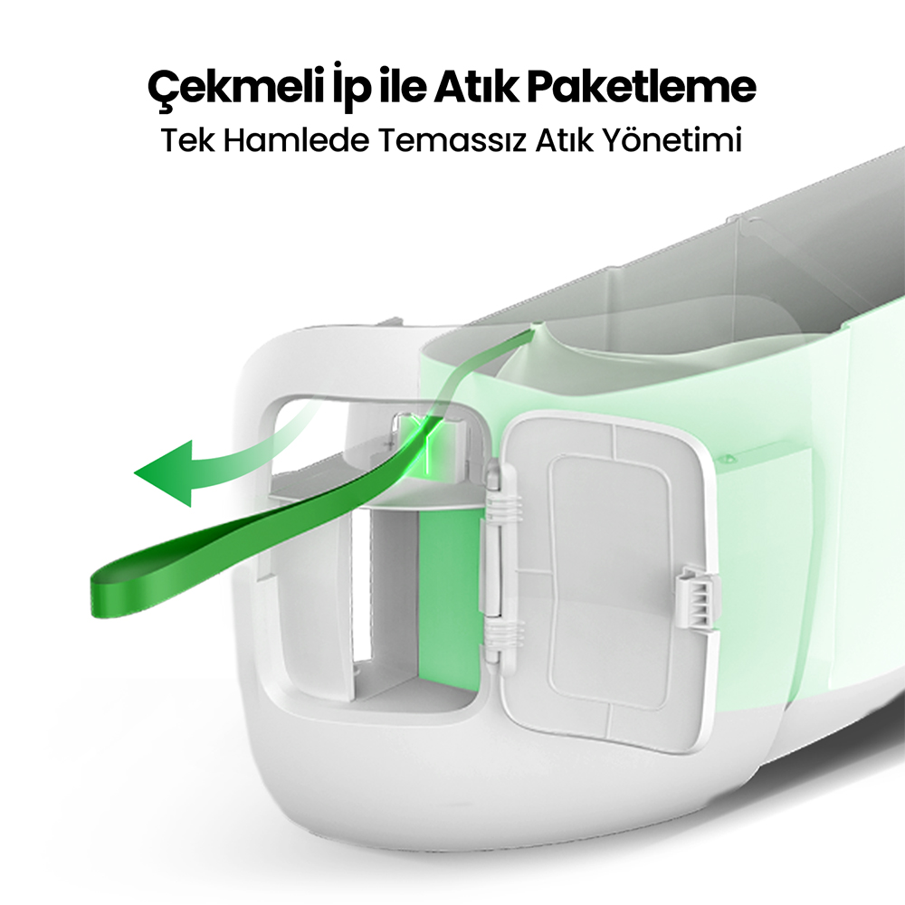 Yeşil bir çekme ipi olan beyaz bir çöp kutusu. Kapak açıktır ve yeşil bir iç mekanı ortaya çıkarır. Üstte Türkçe metin.