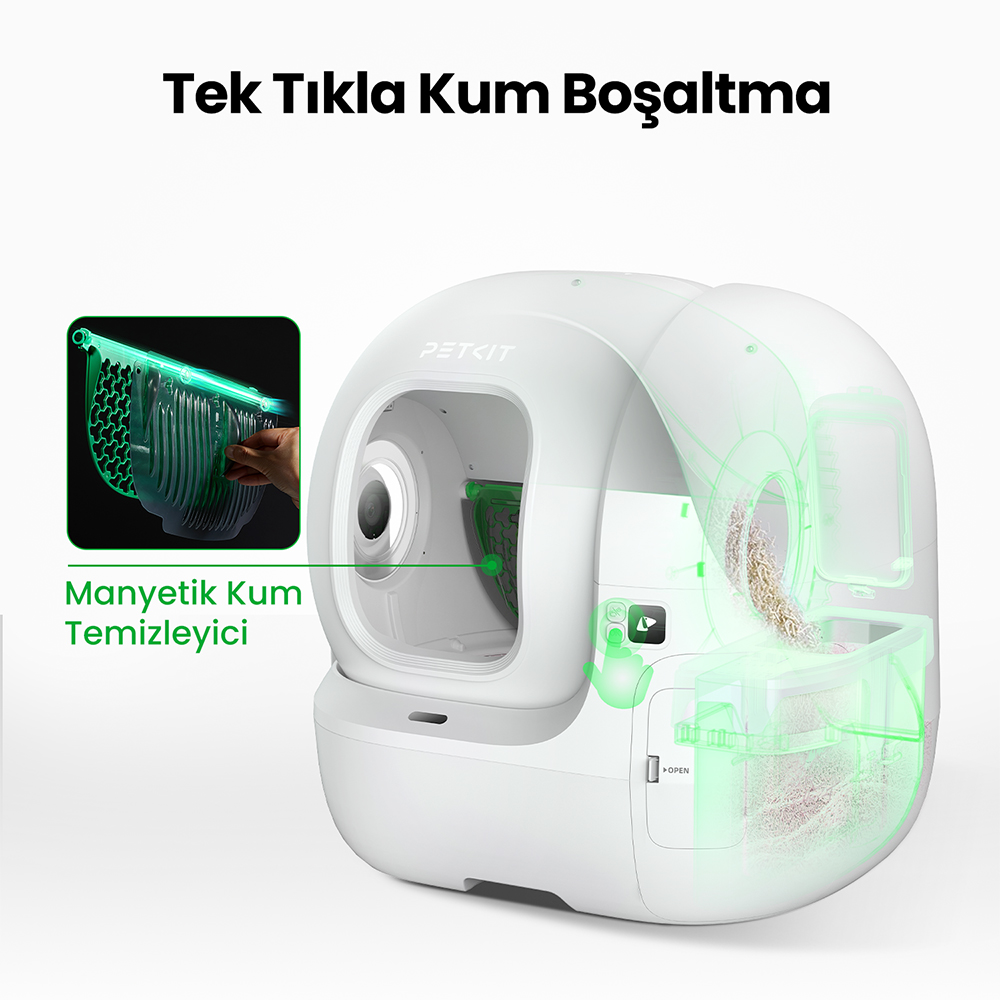 Yeşil detaylara sahip beyaz PETKIT otomatik kedi tuvaleti. Manyetik kum temizleyici ve tek tıkla boşaltma fonksiyonuna sahiptir.