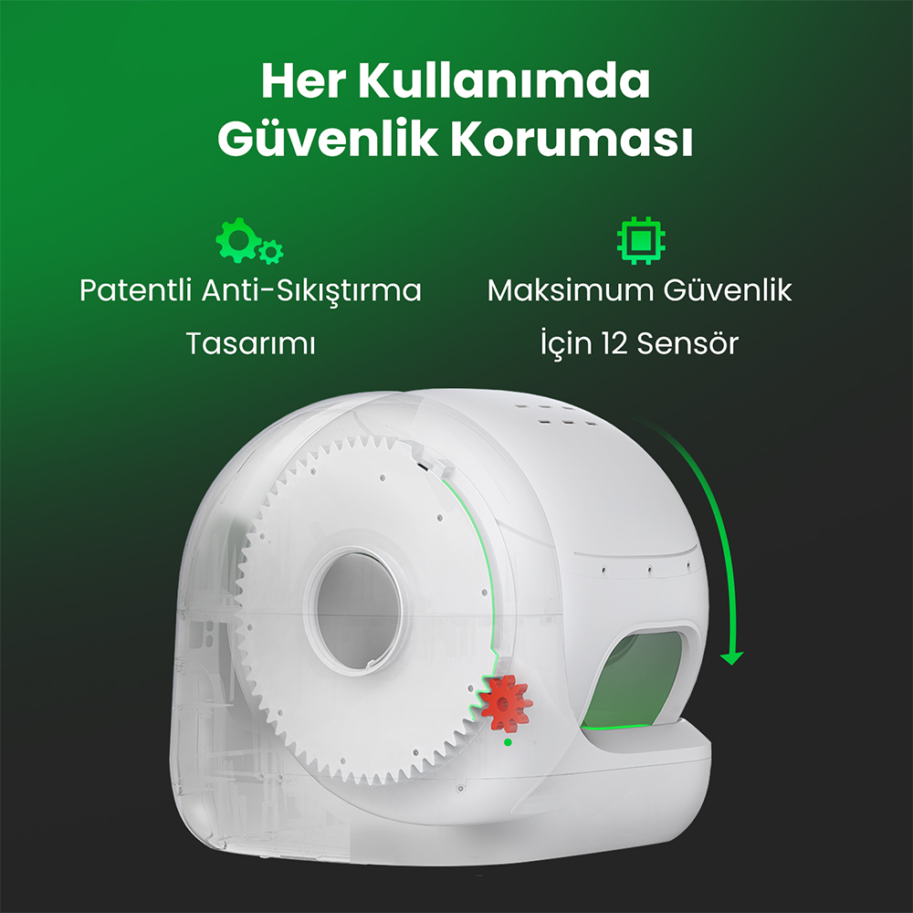 Dişli detayları, yeşil vurguları ve metni olan beyaz ve şeffaf bir cihaz. Sıkışma önleme ve 12 sensör gibi güvenlik özelliklerini vurgular.