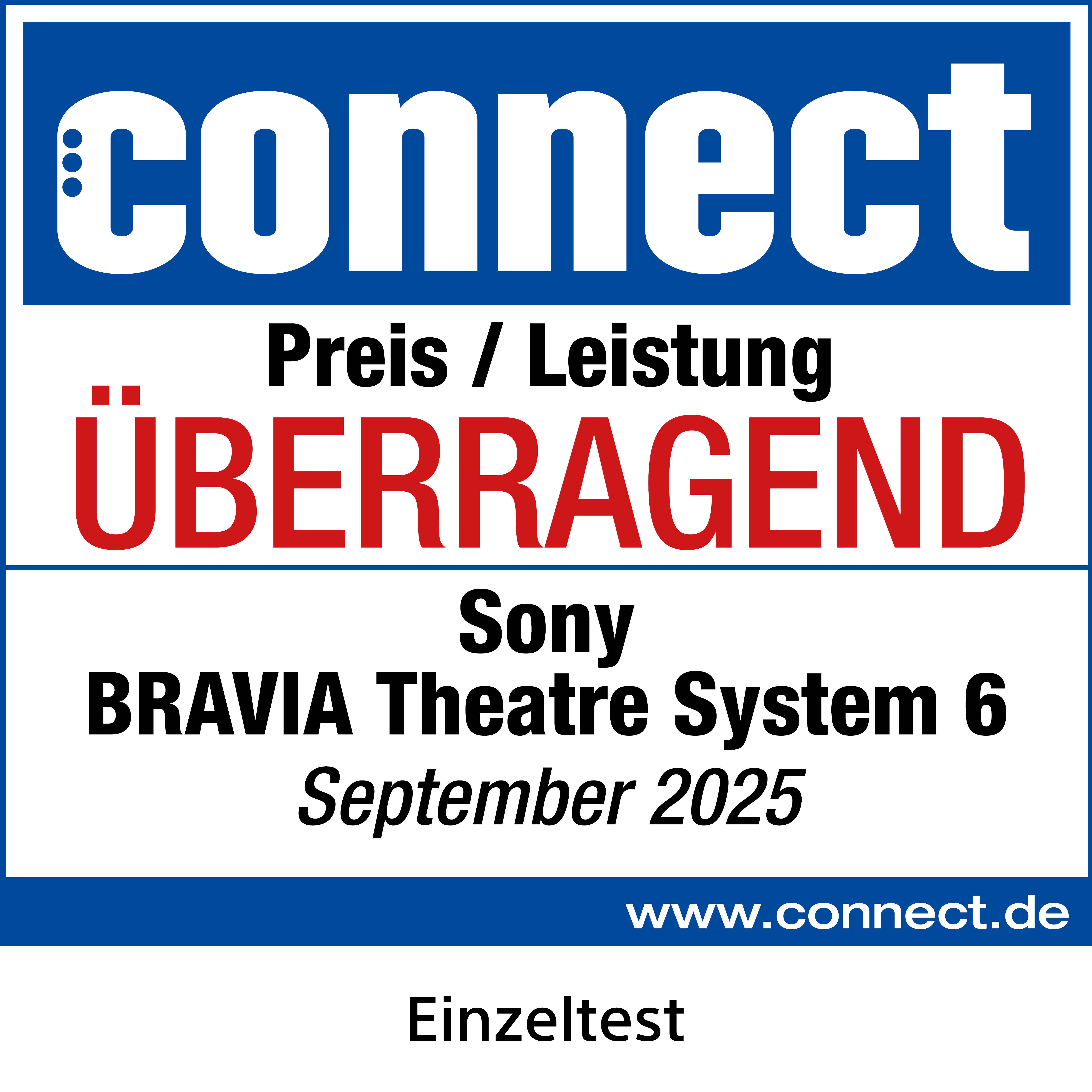 Das Bild zeigt das 'connect'-Logo, 'Preis / Leistung ÜBERRAGEND', 'Sony BRAVIA Theatre System 6 September 2025' und www.connect.de.