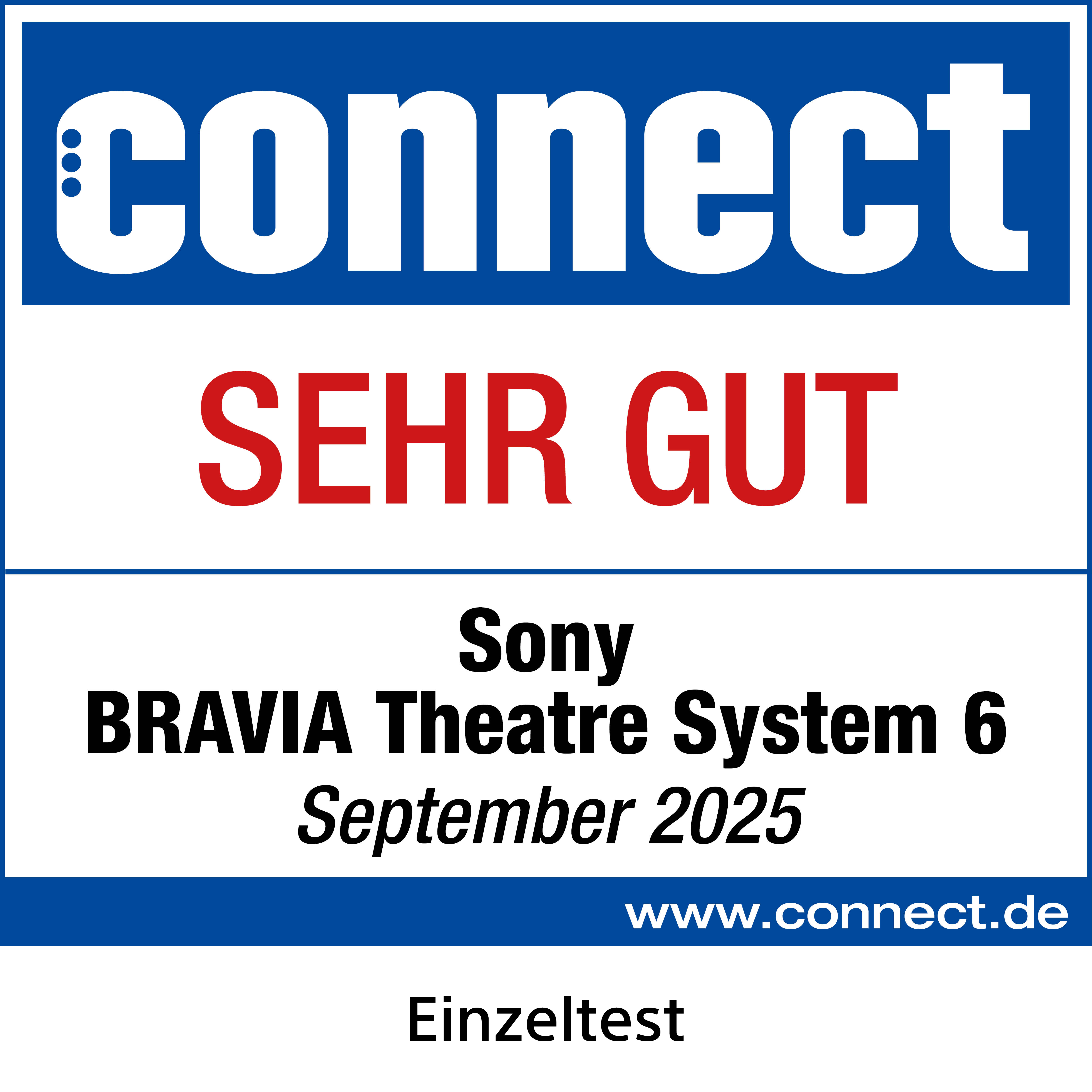 connect-Logo mit Bewertung 'SEHR GUT' für Sony BRAVIA Theatre System 6. Details umfassen 'September 2025' und 'www.connect.de'.