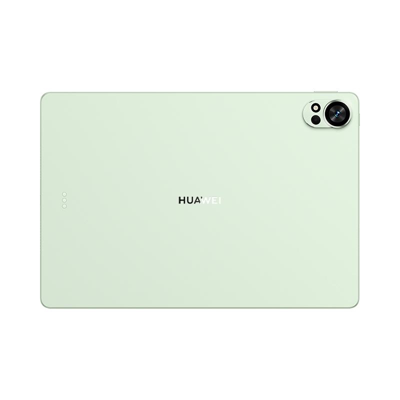 Hellgrünes Huawei-Tablet. Verfügt über ein Kameramodul oben rechts und das Huawei-Logo. Die Rückseite ist glatt.