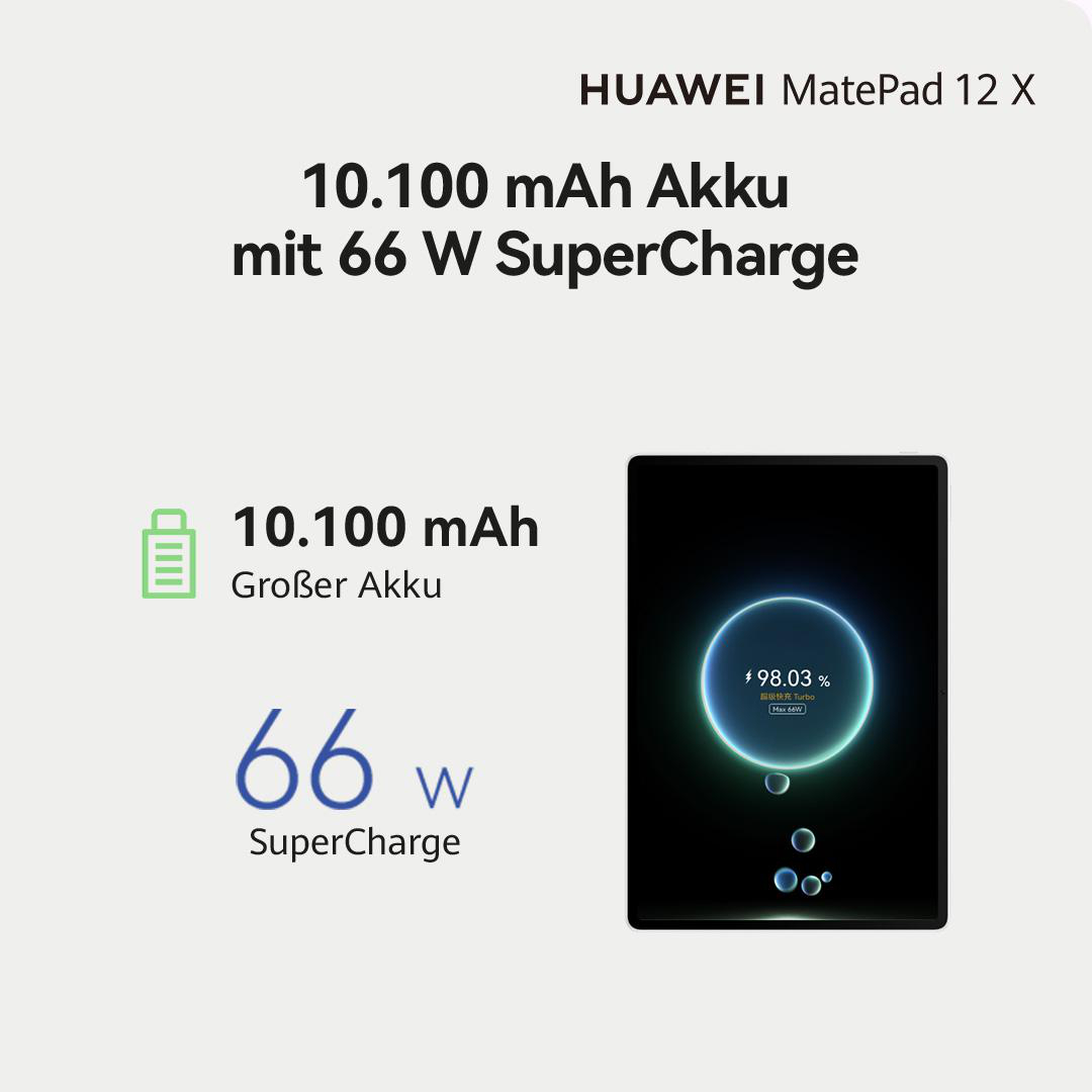 Werbung für das HUAWEI MatePad 12 X. Das Bild zeigt ein Tablet mit Ladeinformationen. Text hebt Akku und Ladegeschwindigkeit hervor.