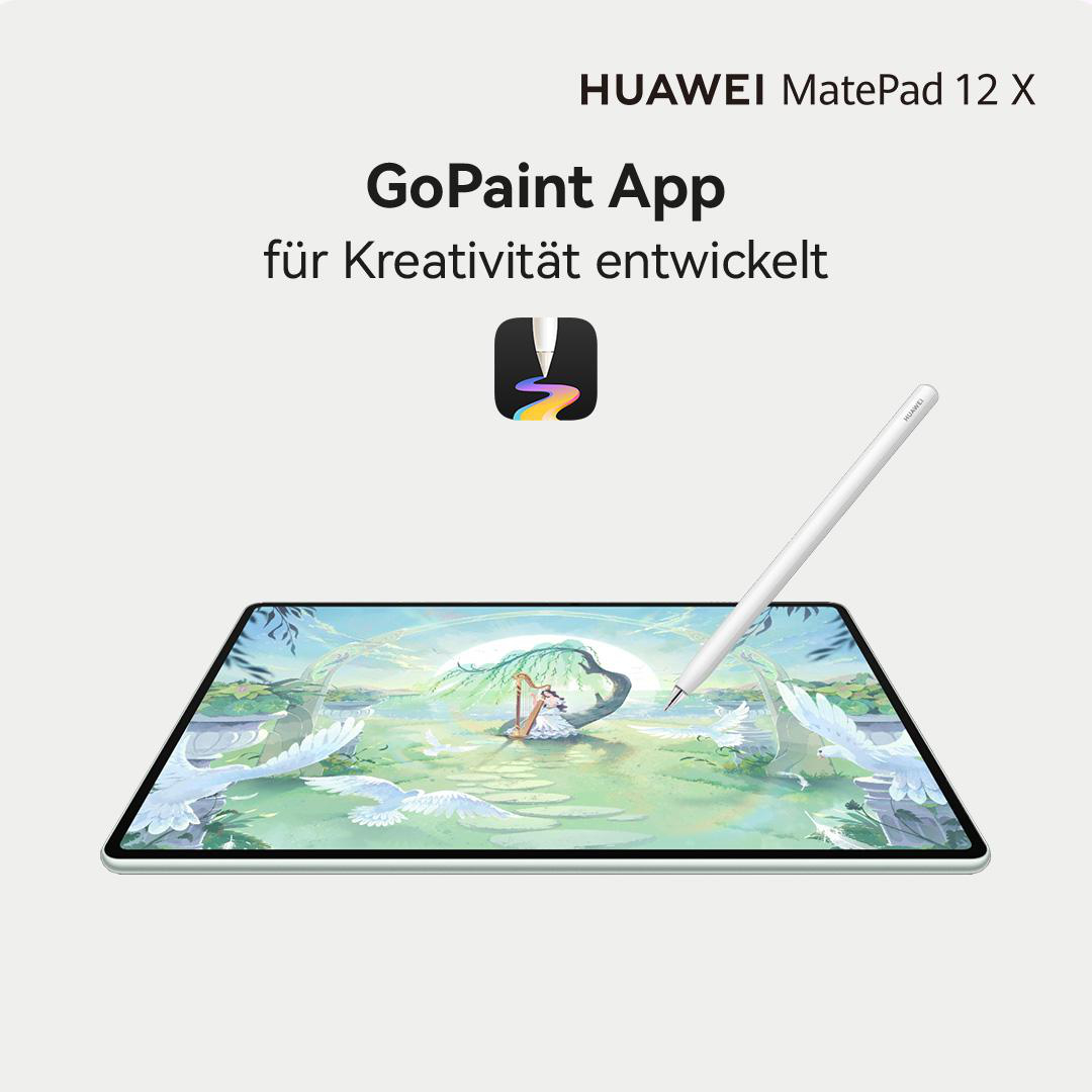 Ein Tablet mit Stift, das die GoPaint-App zeigt. Der Bildschirm zeigt eine Zeichnung einer Person, die eine Harfe spielt, und weiße Vögel.