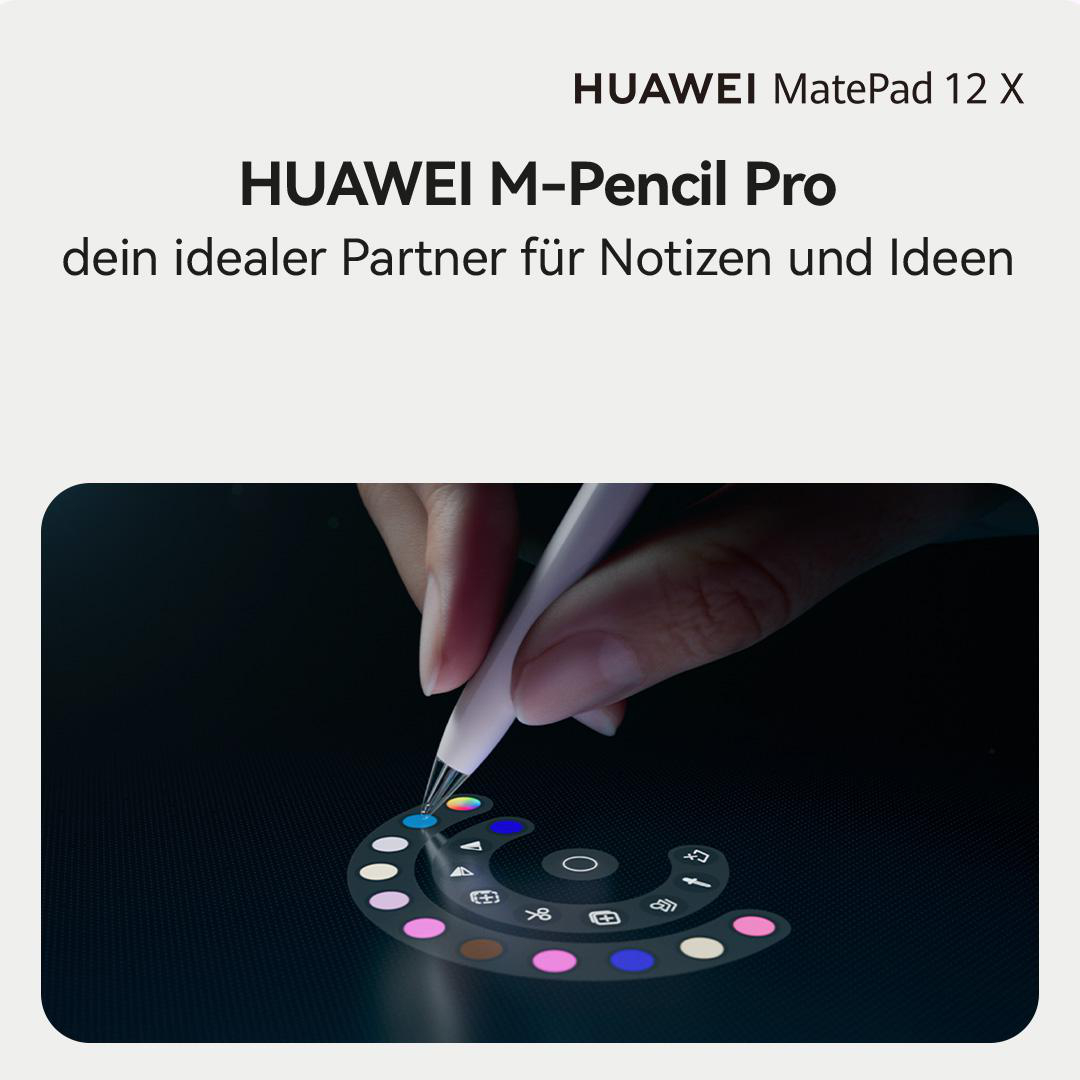 Hand, die einen weißen Stift über einem Tablet-Bildschirm hält. Eine Farbpalette wird angezeigt. Text: HUAWEI MatePad 12 X, HUAWEI M-Pencil Pro.