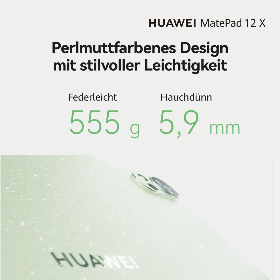 Das Bild zeigt ein Tablet mit Text: HUAWEI MatePad 12 X. Merkmale sind: 555g Gewicht, 5,9 mm Dicke und 'Perlmuttfarbenes Design'.