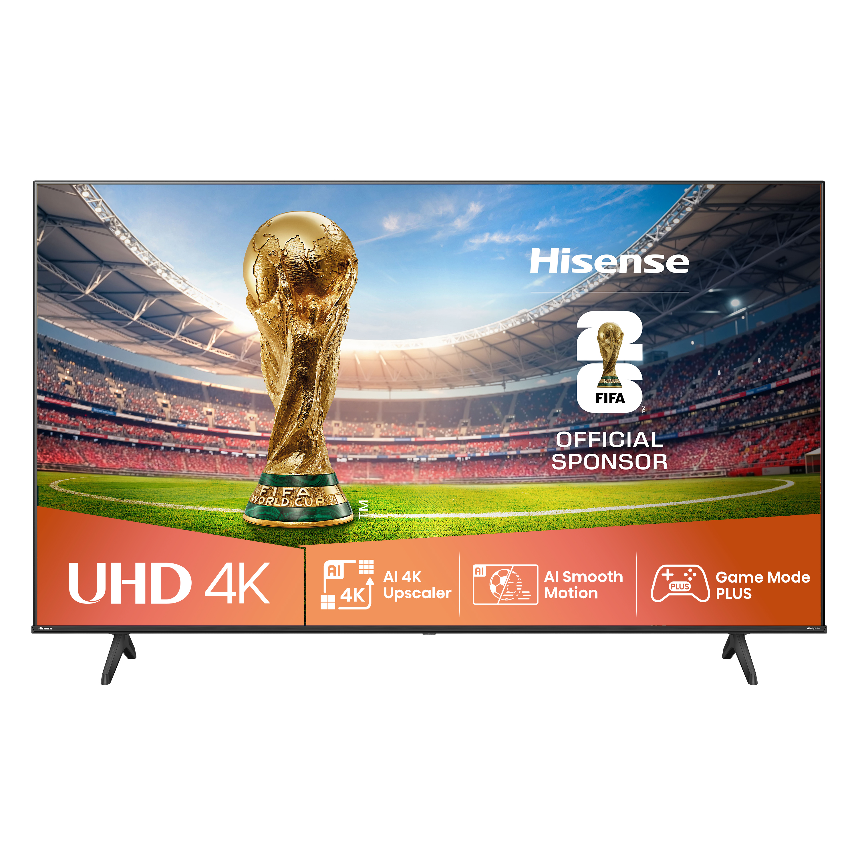 Ein Hisense-Fernseher zeigt eine Fußballstadion-Szene mit der FIFA-Weltpokal-Trophäe und Funktionen wie UHD 4K und KI.