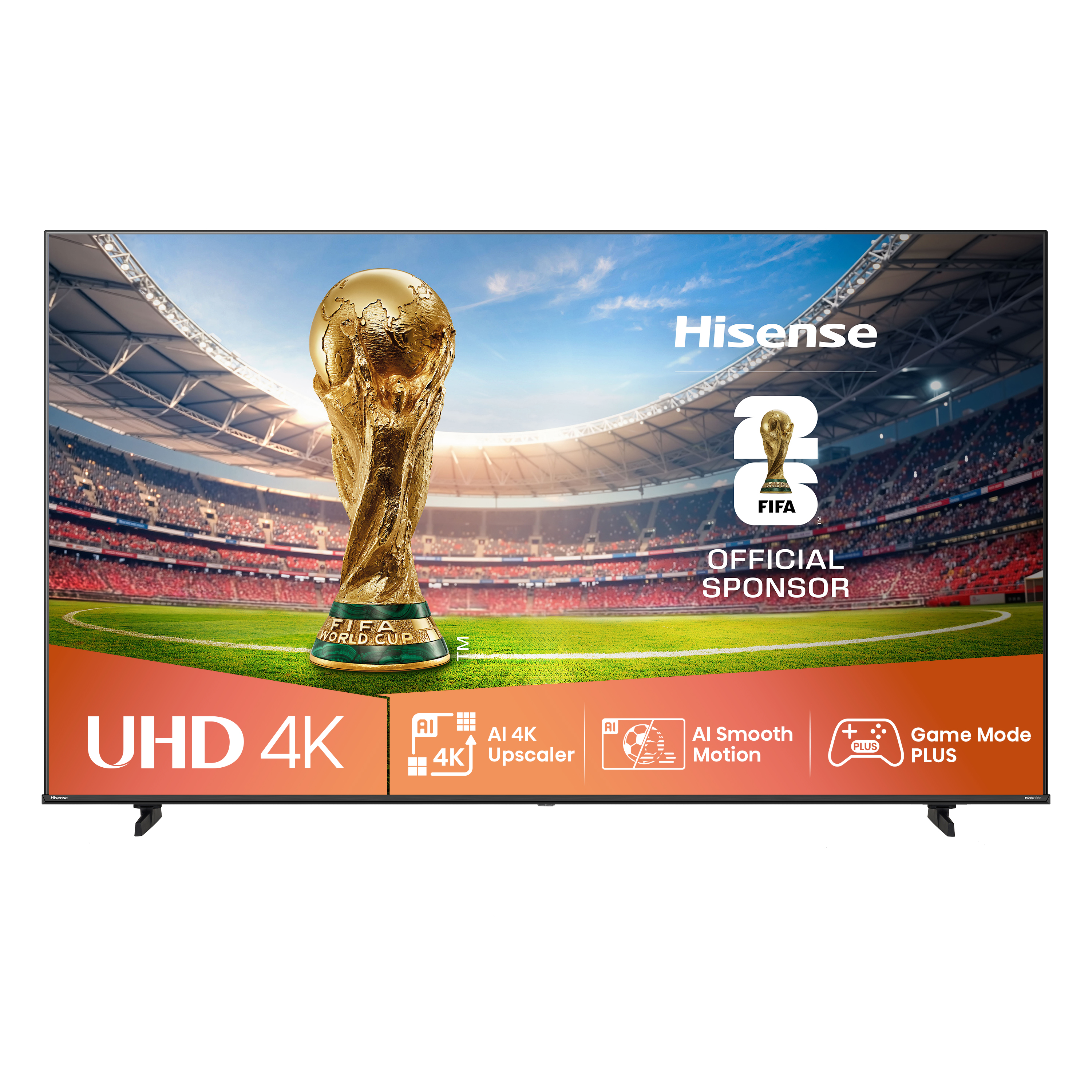 Ein Hisense UHD 4K-Fernseher zeigt eine Fußballstadion-Szene mit der FIFA World Cup-Trophäe. Funktionen wie AI Upscaler werden hervorgehoben.