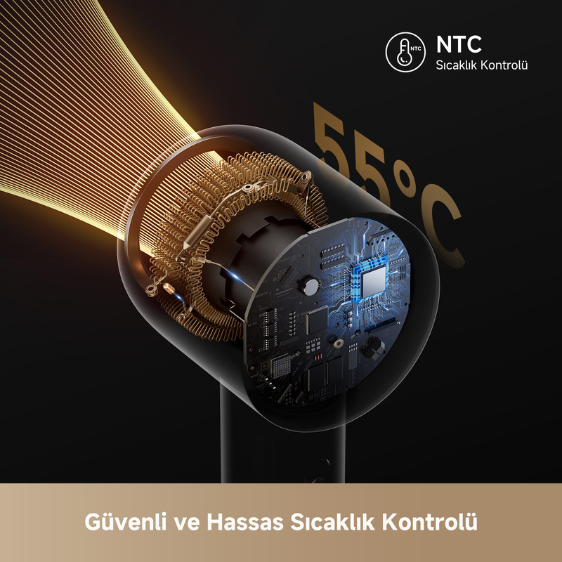 Devre kartı, ısıtma bobini ve sıcaklık göstergesi dahil olmak üzere, iç bileşenleri görülebilen saç kurutma makinesi.