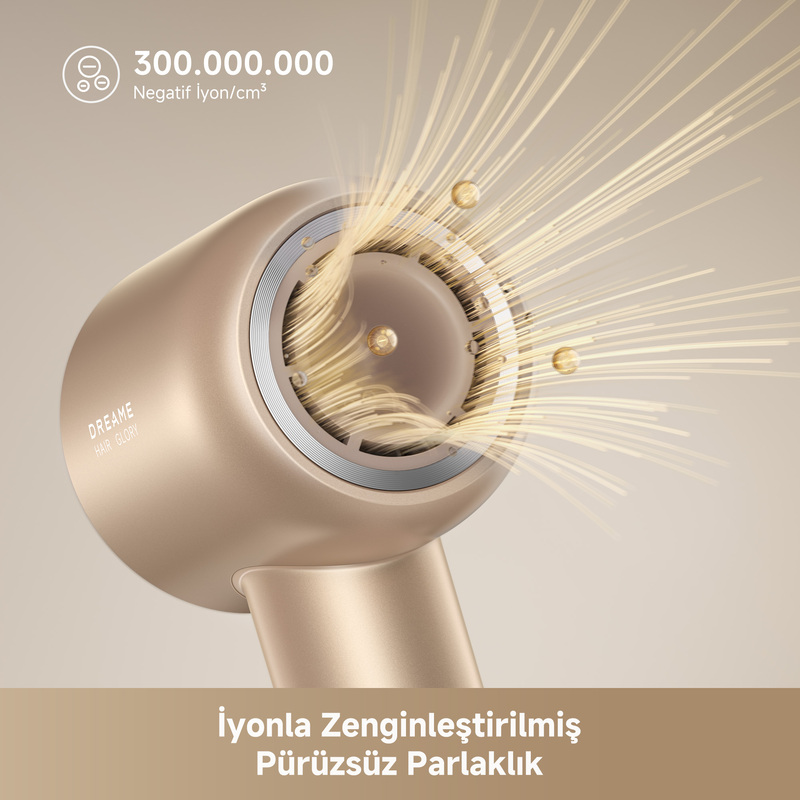Işıltılı çizgilere ve sıvı damlalarına sahip altın renkli saç kurutma makinesi. Metin: 300.000.000 Negatif İyon/cm³ ve İyonla Zenginleştirilmiş Pürüzsüz Parlaklık.