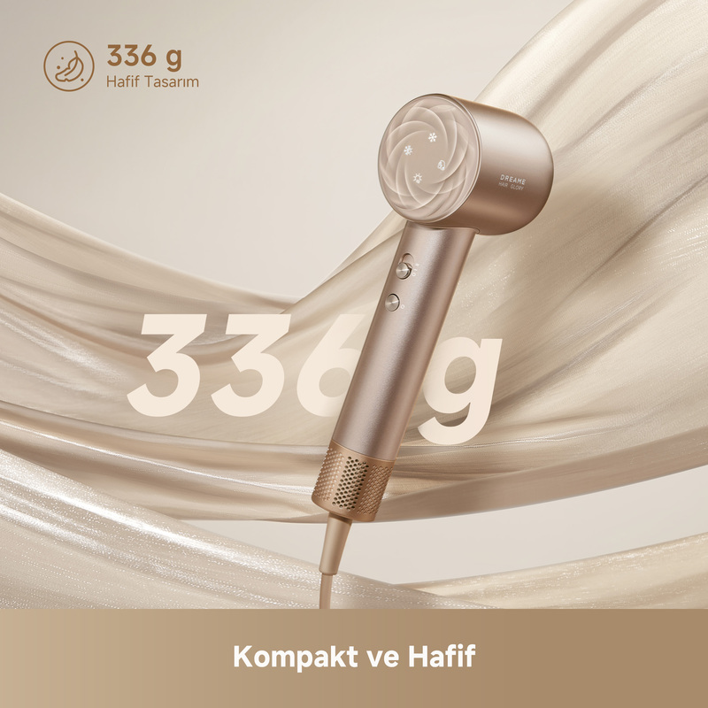 Krem kumaş arka plan üzerinde altın rengi bir saç kurutma makinesi. Ağırlığı 336g. Metin kompakt ve hafif diyor.