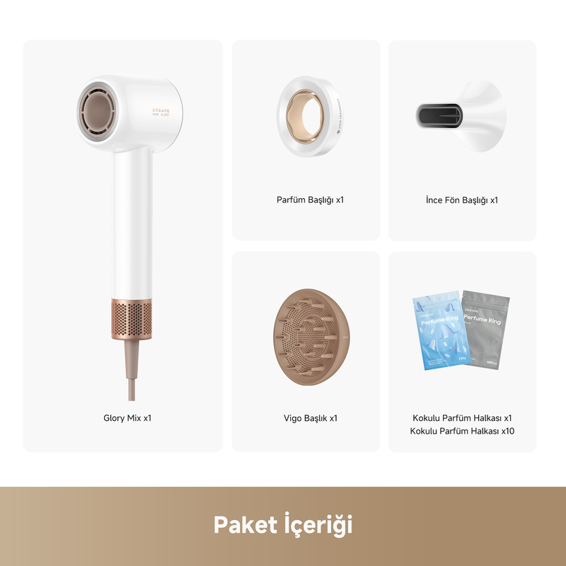Görüntü, beyaz ve pembe altın renginde bir saç kurutma makinesi ve aksesuarlarını gösteriyor: parfüm halkası, ince başlık, difüzör ve parfüm halkası poşetleri.