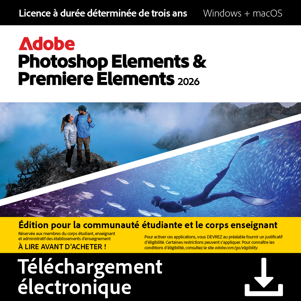 L'image montre Adobe Photoshop Elements & Premiere Elements 2026. Un couple se tient près d'un lac; un plongeur nage avec des poissons.