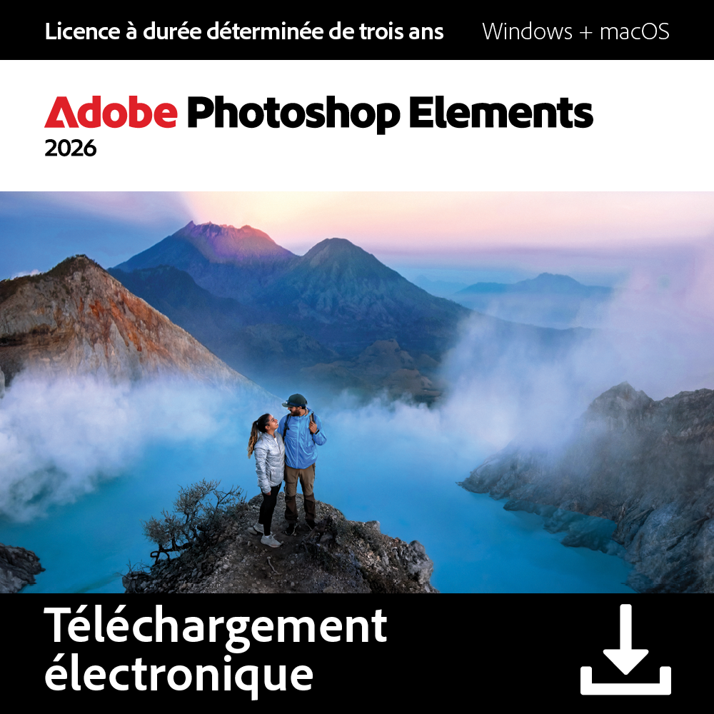 Un couple se tient sur un rocher, surplombant un lac bleu entouré de montagnes. Le ciel est coloré. Logo Adobe Photoshop Elements en haut.