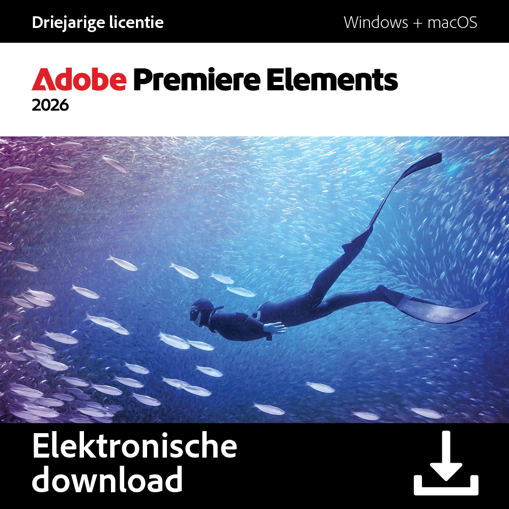 Een duiker zwemt door een school vissen. De afbeelding promoot Adobe Premiere Elements 2026, downloadbare software.