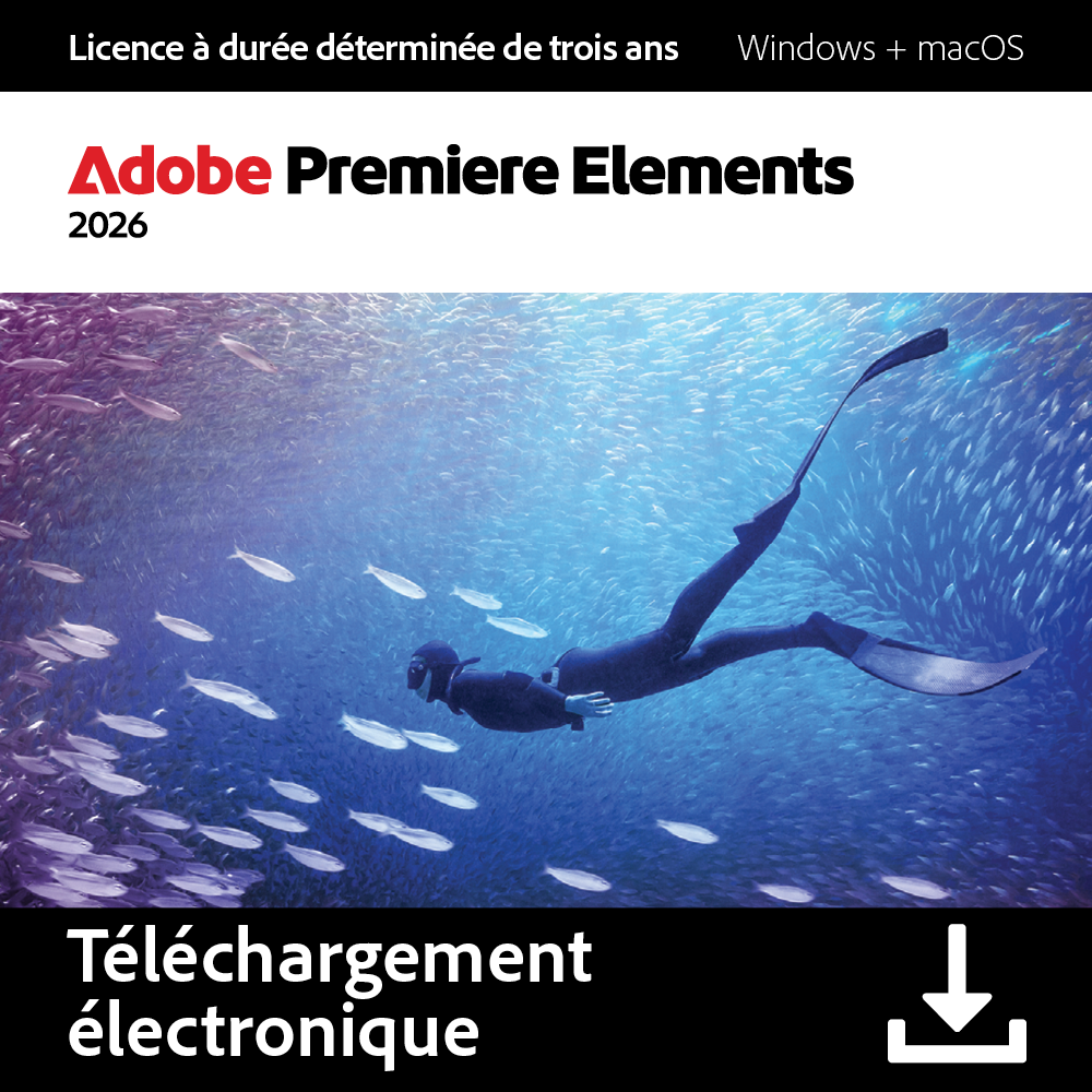 Un plongeur nage à travers un banc de poissons dans l'océan. Le logo Adobe Premiere Elements est en haut avec du texte.