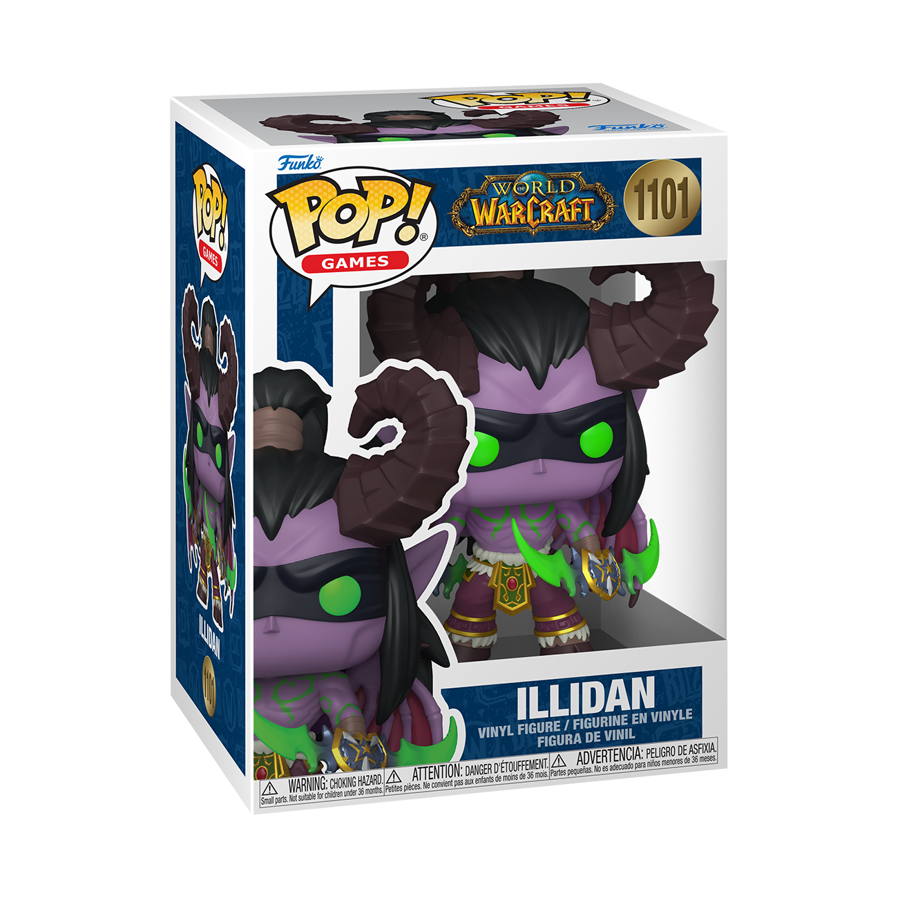 A Funko Pop! vinyl figure of Illidan from World of Warcraft, in a box. The figure is purple with horns and green accents.