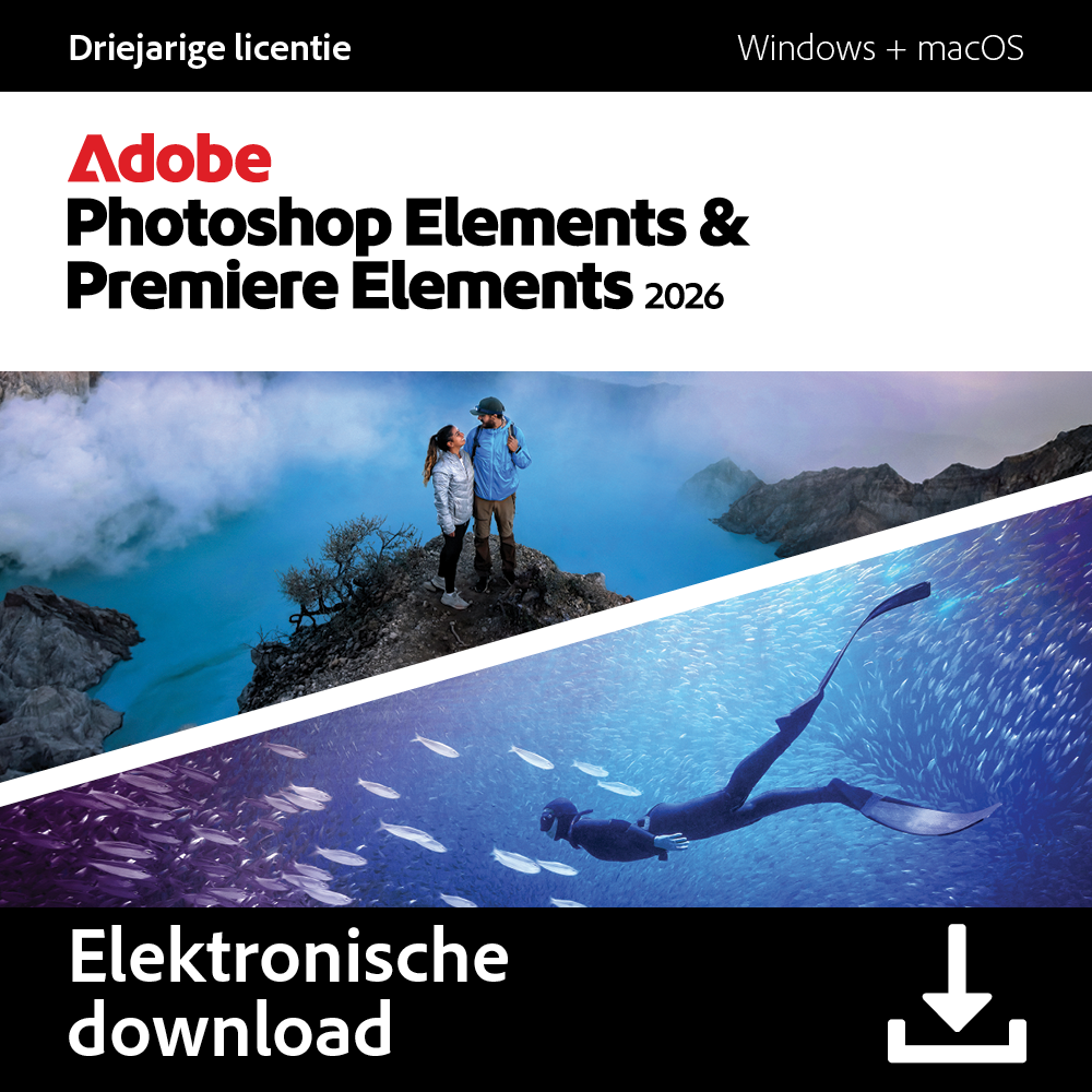 Adobe Photoshop Elements & Premiere Elements 2026. Boven: Koppel op berg. Onder: Duiker in oceaan met vissen.
