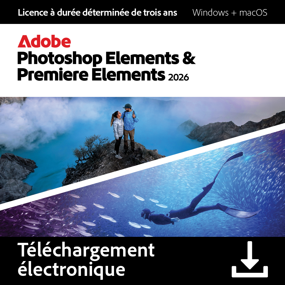 Publicité Adobe Photoshop Elements & Premiere Elements 2026. En haut : couple sur montagne, lac. En bas : plongeur et poissons.