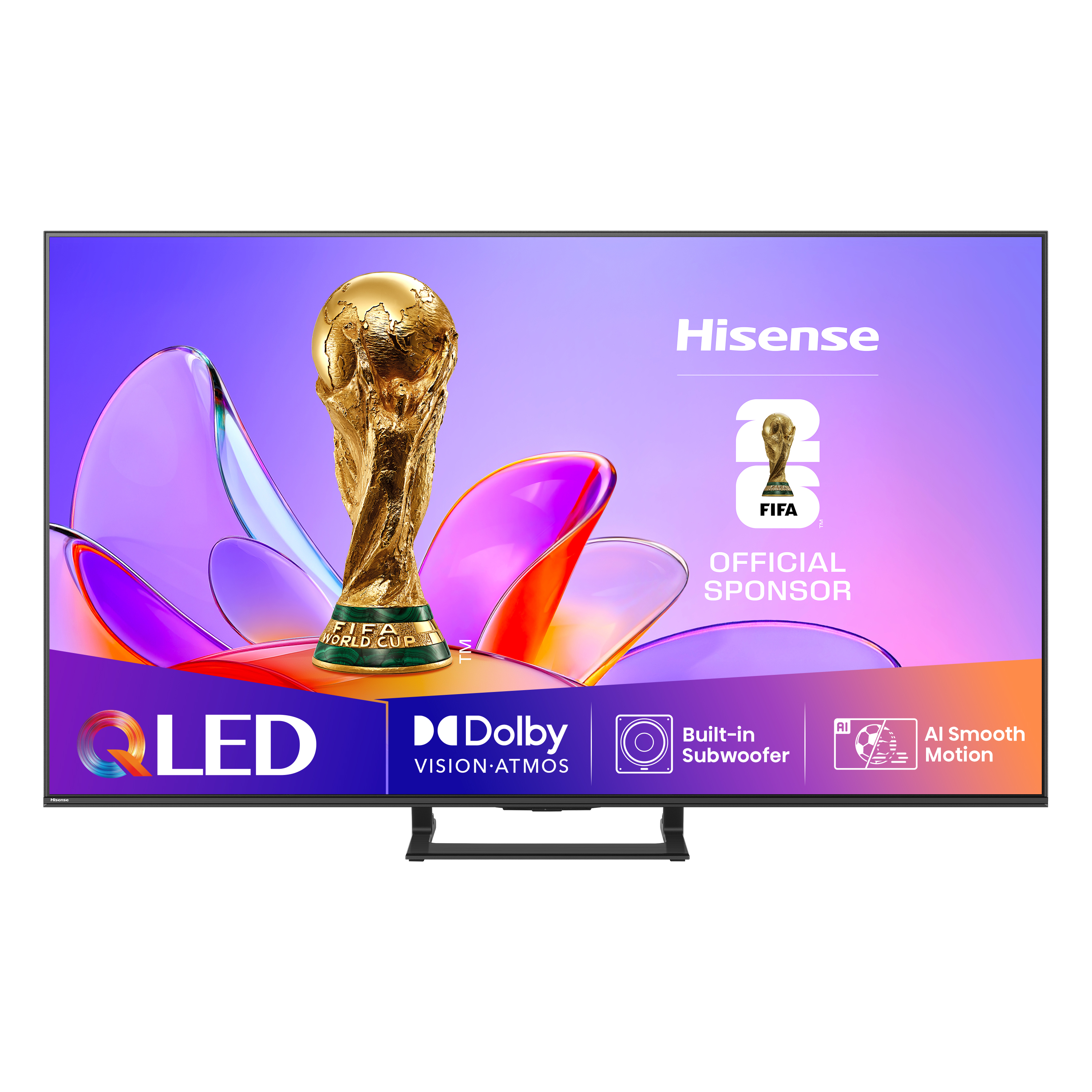 Ein Hisense-Fernseher mit FIFA World Cup-Logo. Merkmale: QLED, Dolby, eingebauter Subwoofer und AI Smooth Motion.