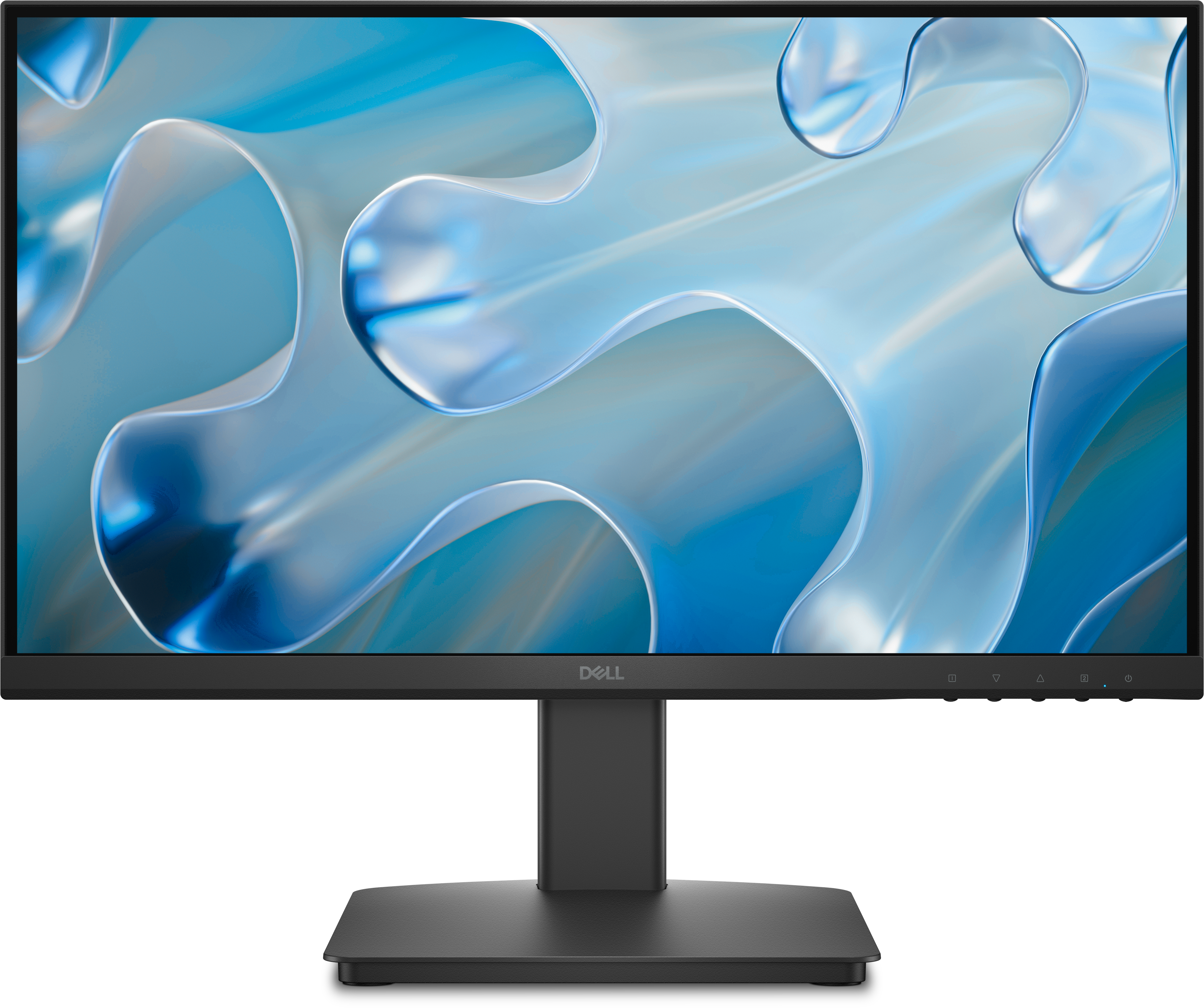 Ein Dell-Monitor mit schwarzem Rahmen und Ständer. Der Bildschirm zeigt ein blau-weißes abstraktes Design.