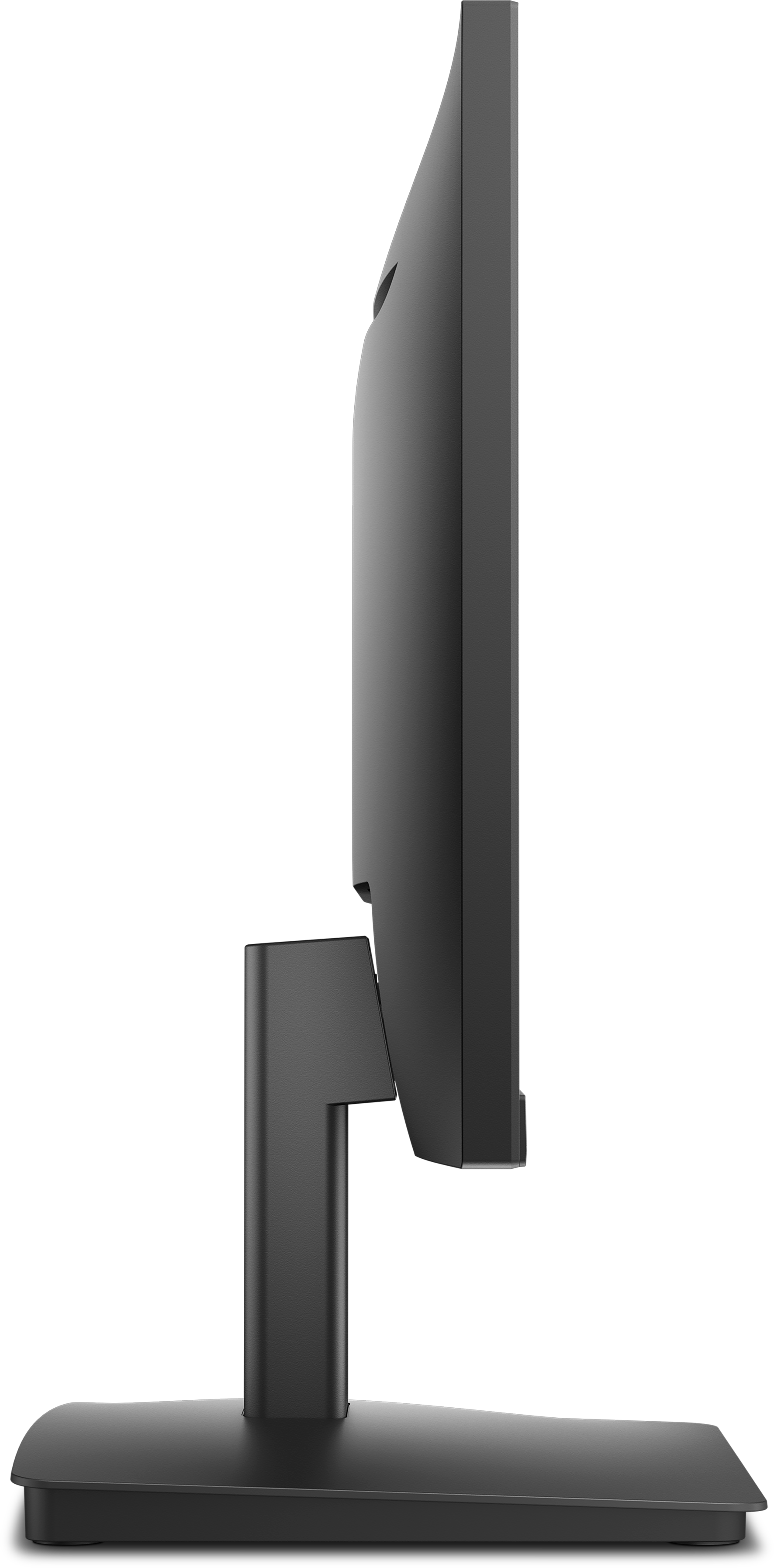 Seitenansicht eines schwarzen Computermonitors. Er hat einen Ständer, einen Sockel und einen Bildschirm. Der Hintergrund ist weiß.