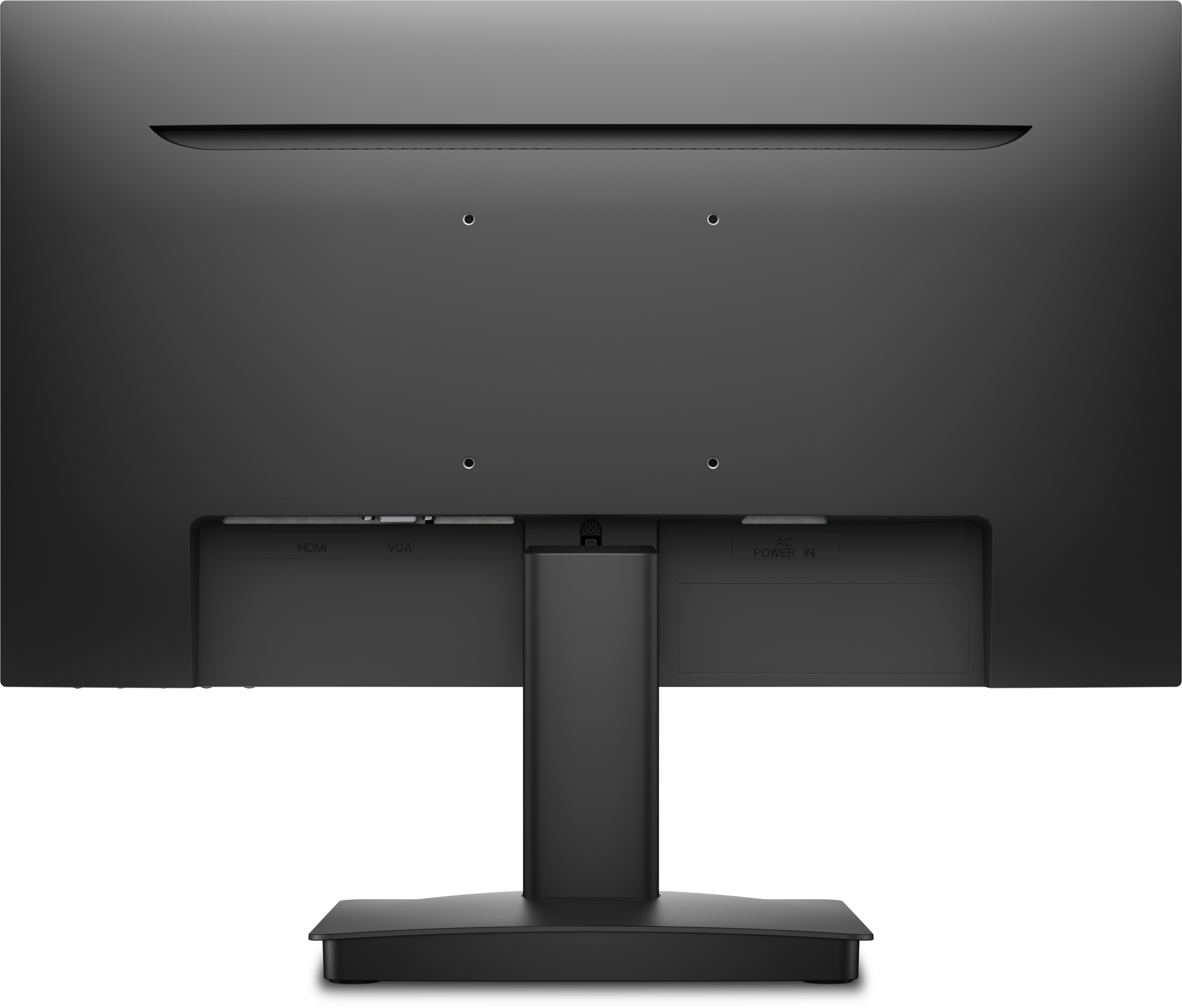 Rückansicht eines schwarzen Computermonitors. Anschlüsse wie HDMI, VGA, AC Power In sind sichtbar. Der Monitor steht auf einem schwarzen Ständer.