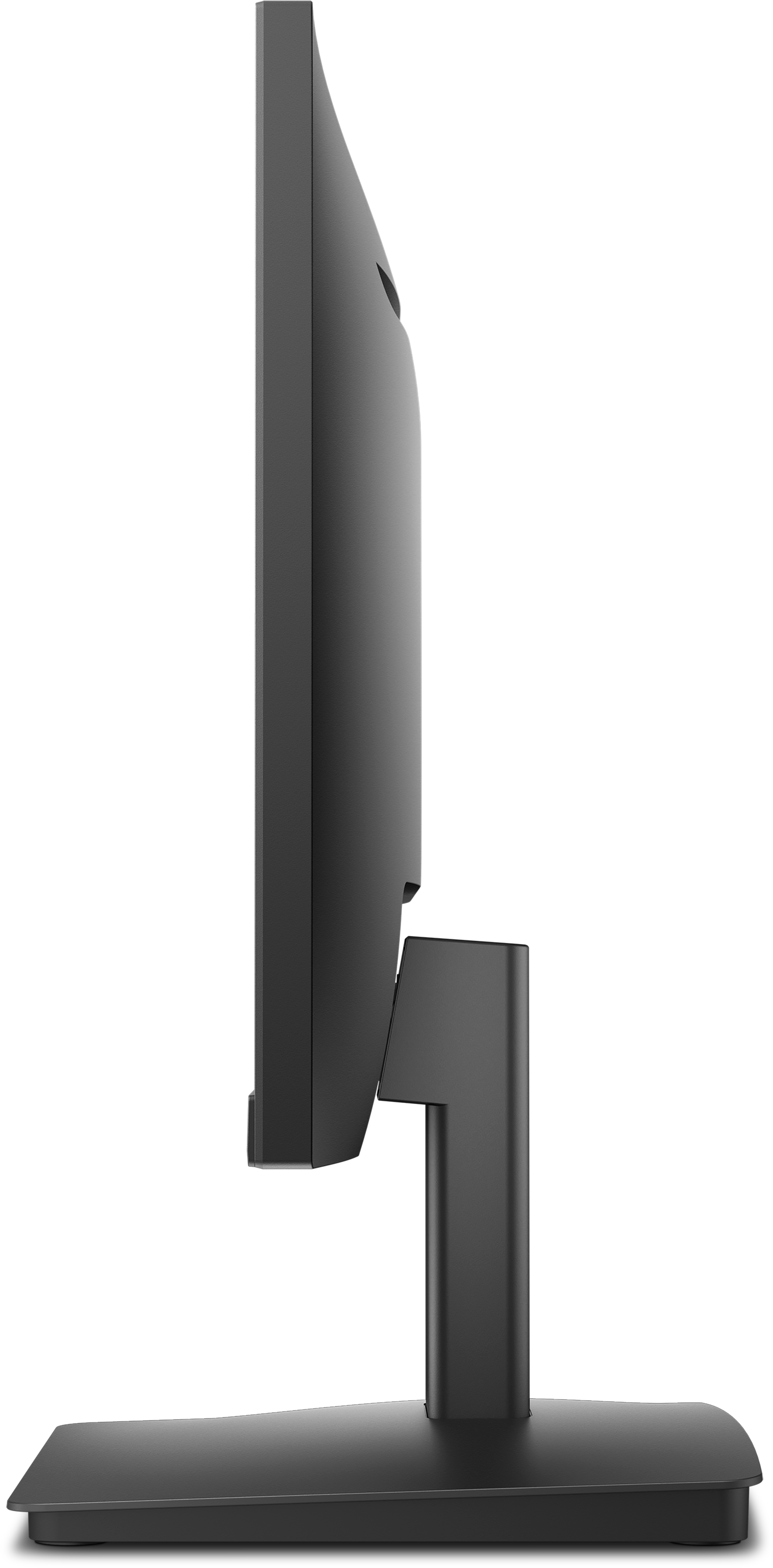 Seitenansicht eines schwarzen Computermonitors. Der Monitor steht auf einem schwarzen Ständer. Weißer Hintergrund.