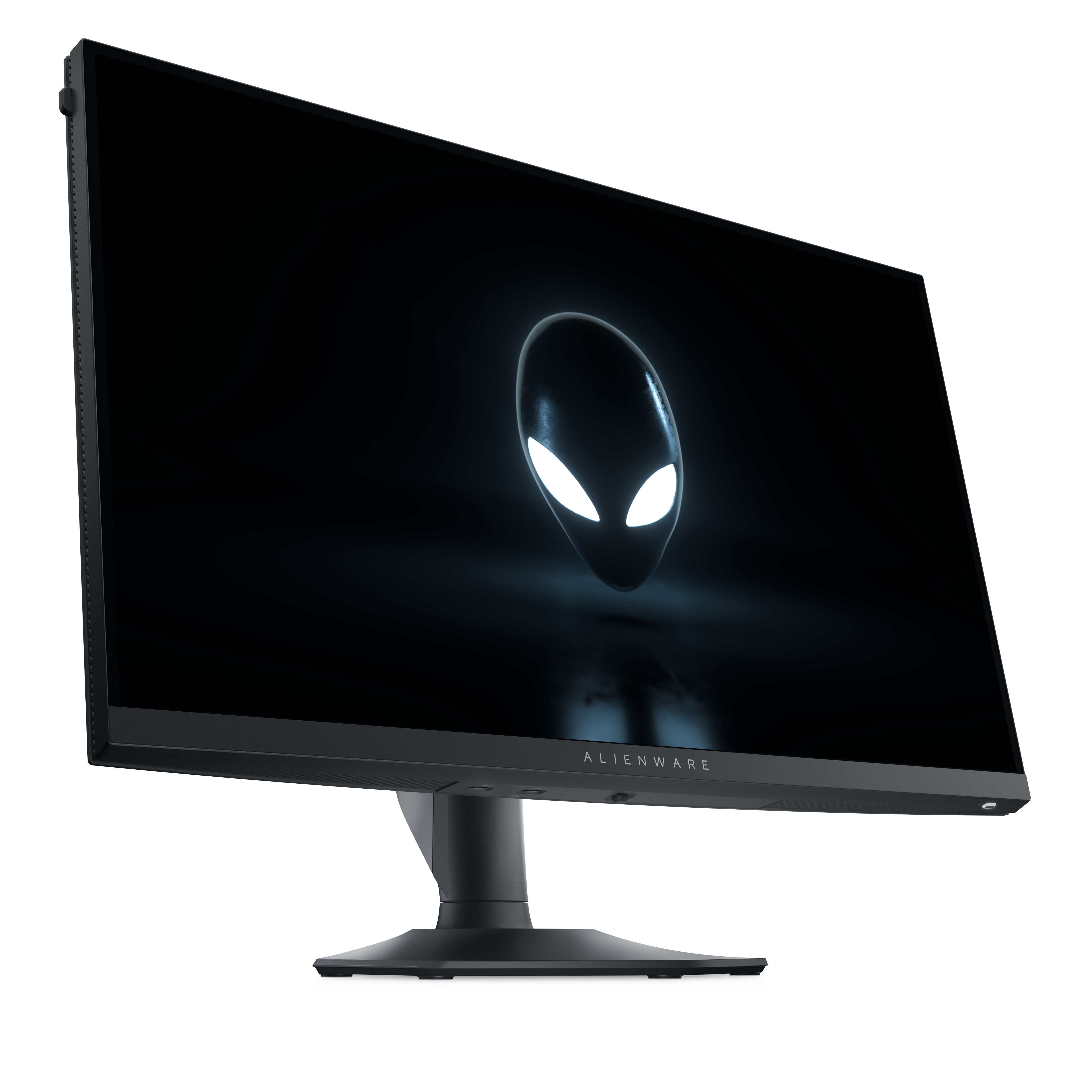 Moniteur Alienware, noir, avec logo tête d'alien sur écran. Le moniteur est incliné, sur un socle noir.