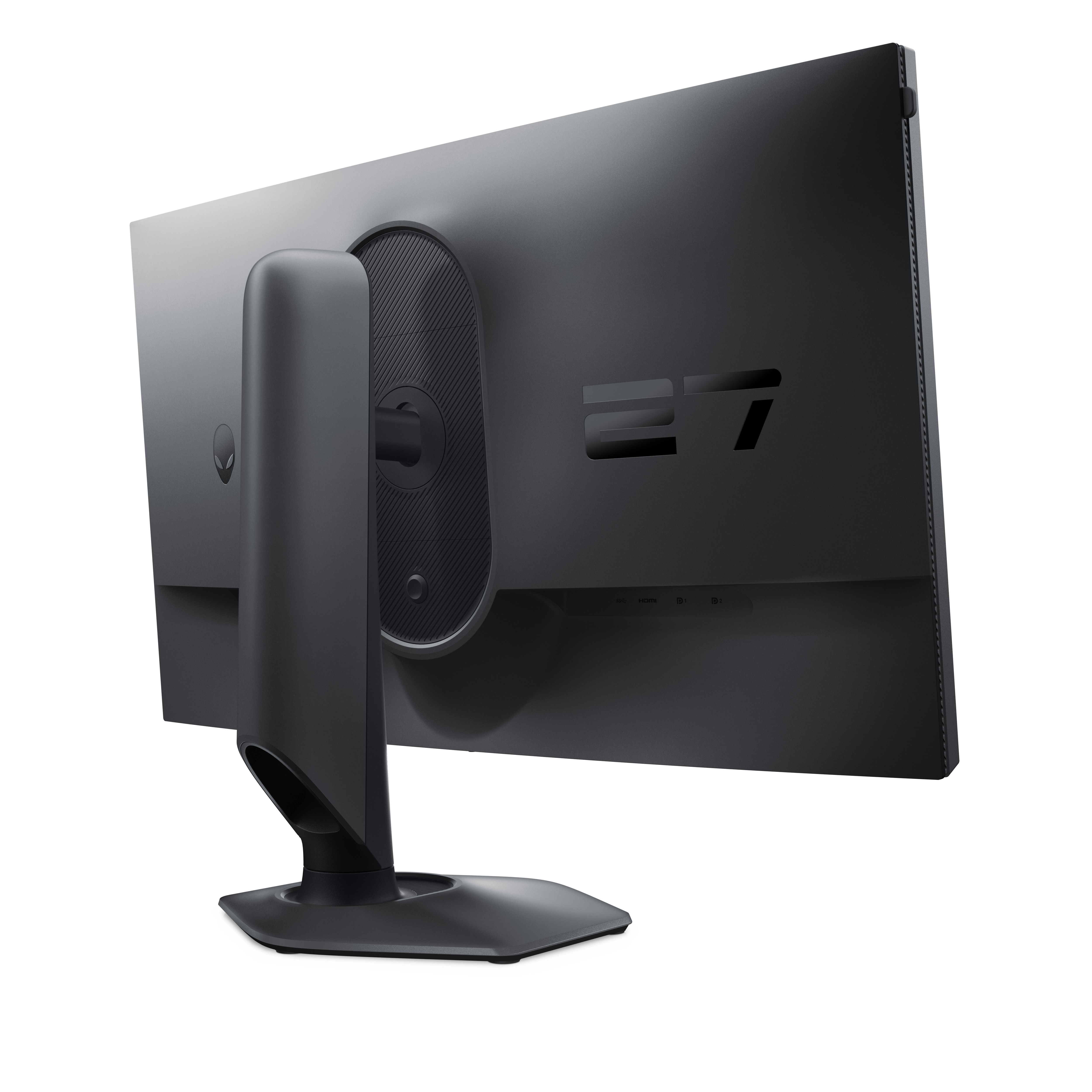 Vue arrière d'un moniteur Alienware noir. Il possède un pied, des ports et le chiffre 27. Le fond est blanc.