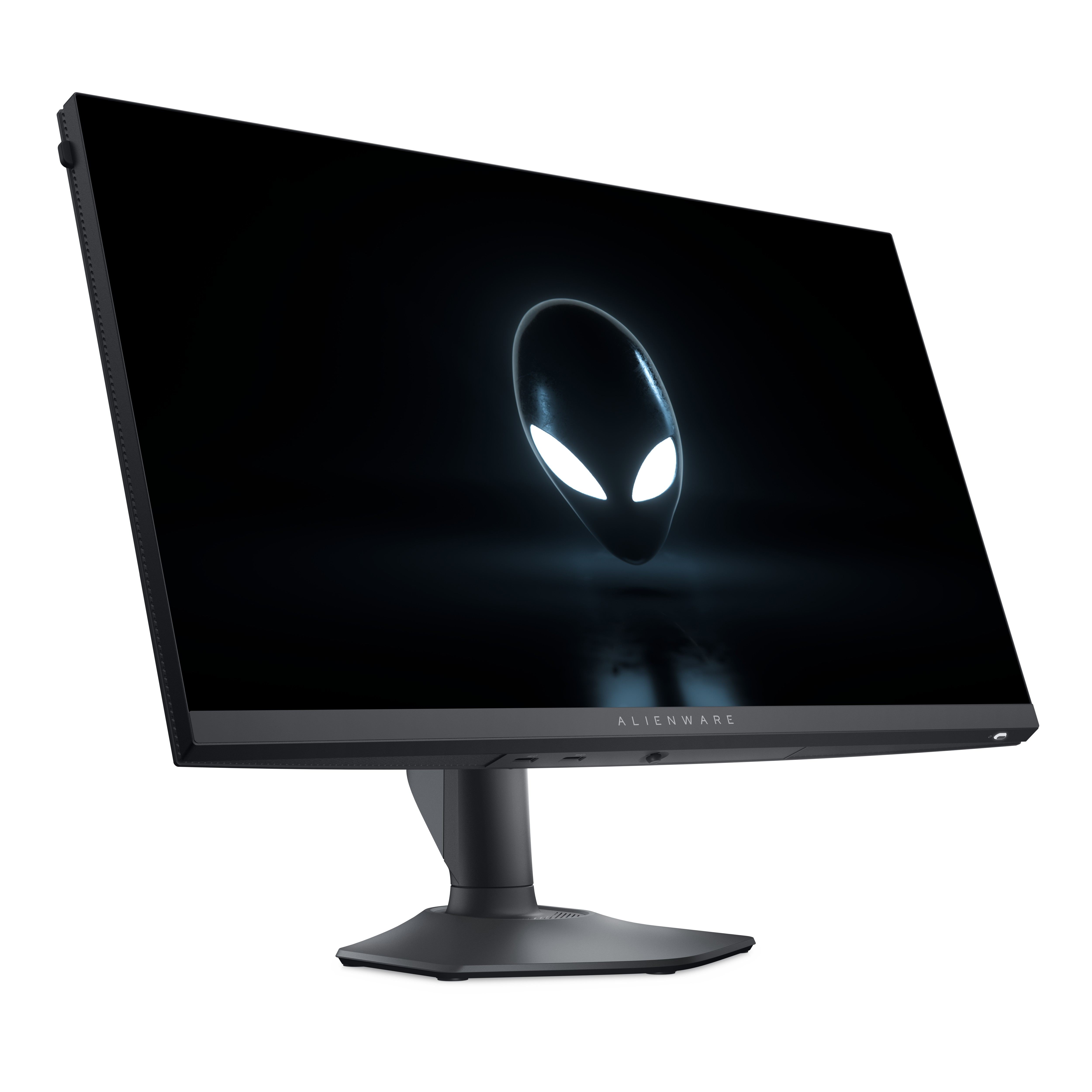 Un moniteur Alienware sur fond blanc. L'écran affiche le logo Alienware. Moniteur, support et socle noirs.